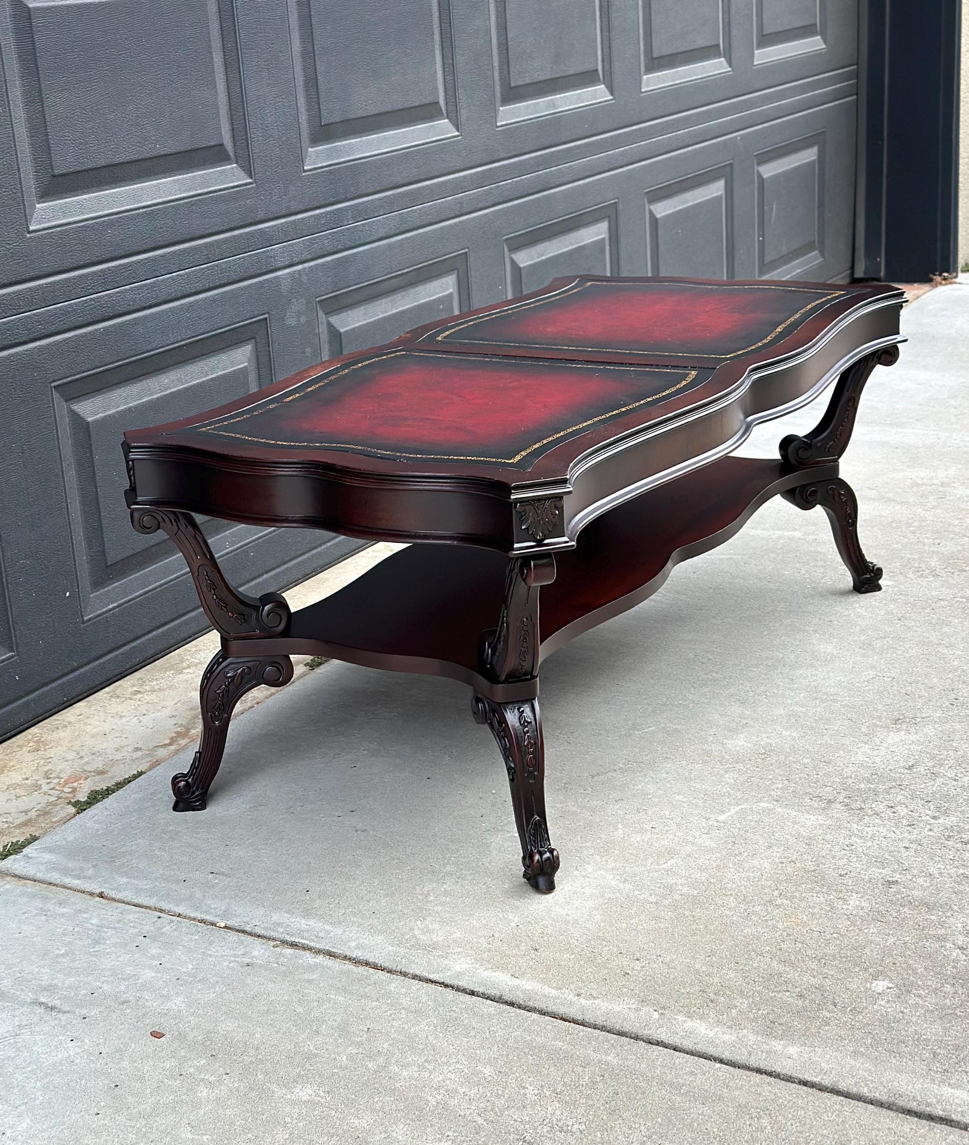 Vintage Early 20th C Carved Mahogany & Inset Leather Open Shelf Solid Wood Coffee Table