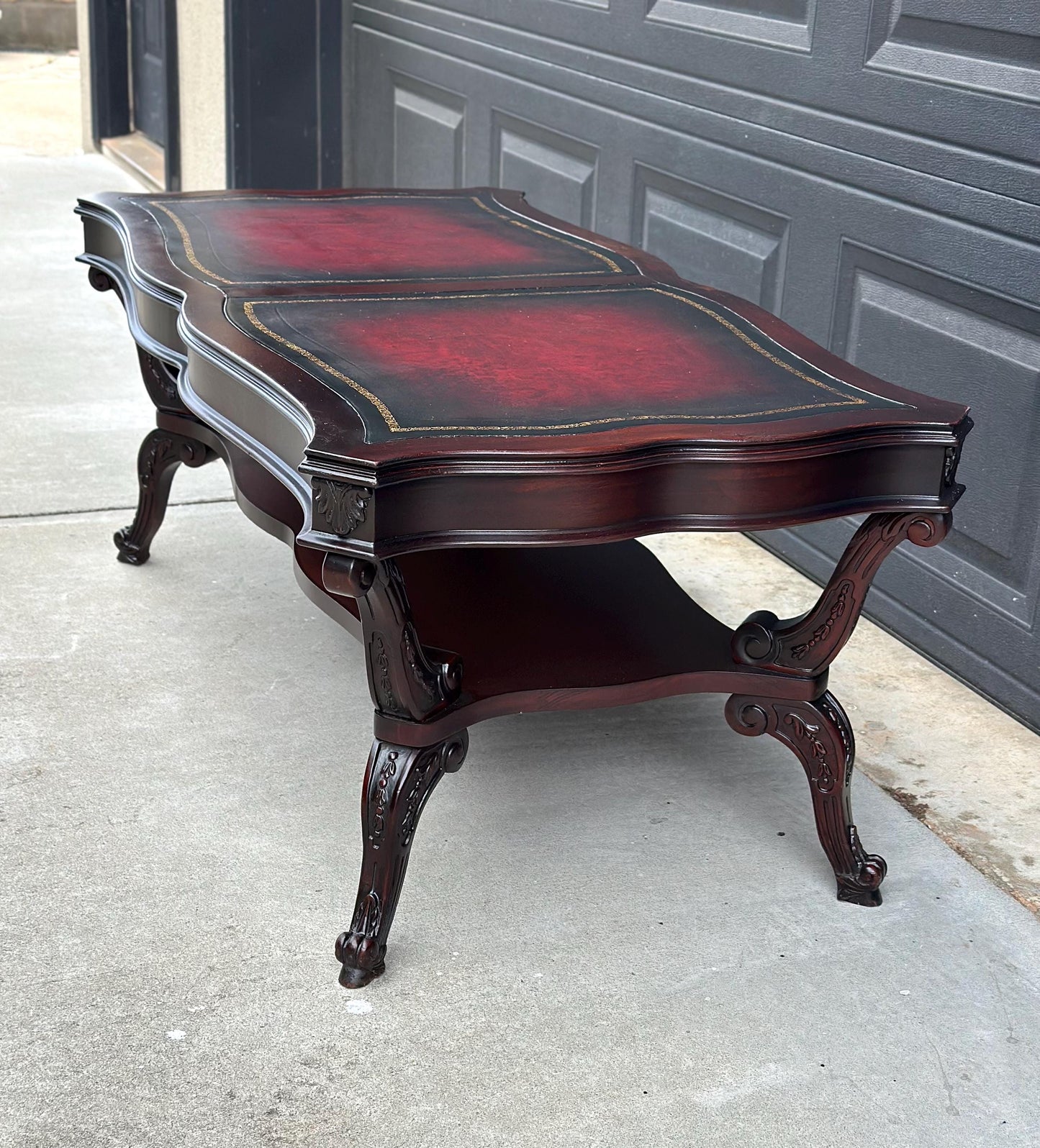 Vintage Early 20th C Carved Mahogany & Inset Leather Open Shelf Solid Wood Coffee Table
