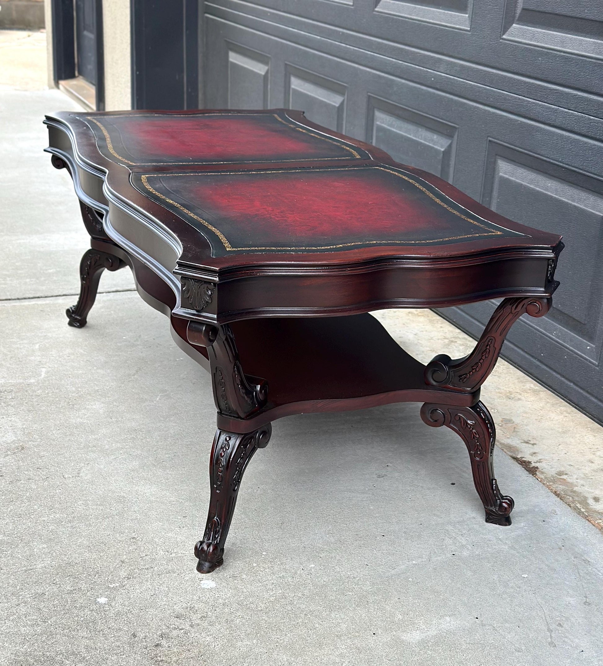 Vintage Early 20th C Carved Mahogany & Inset Leather Open Shelf Solid Wood Coffee Table
