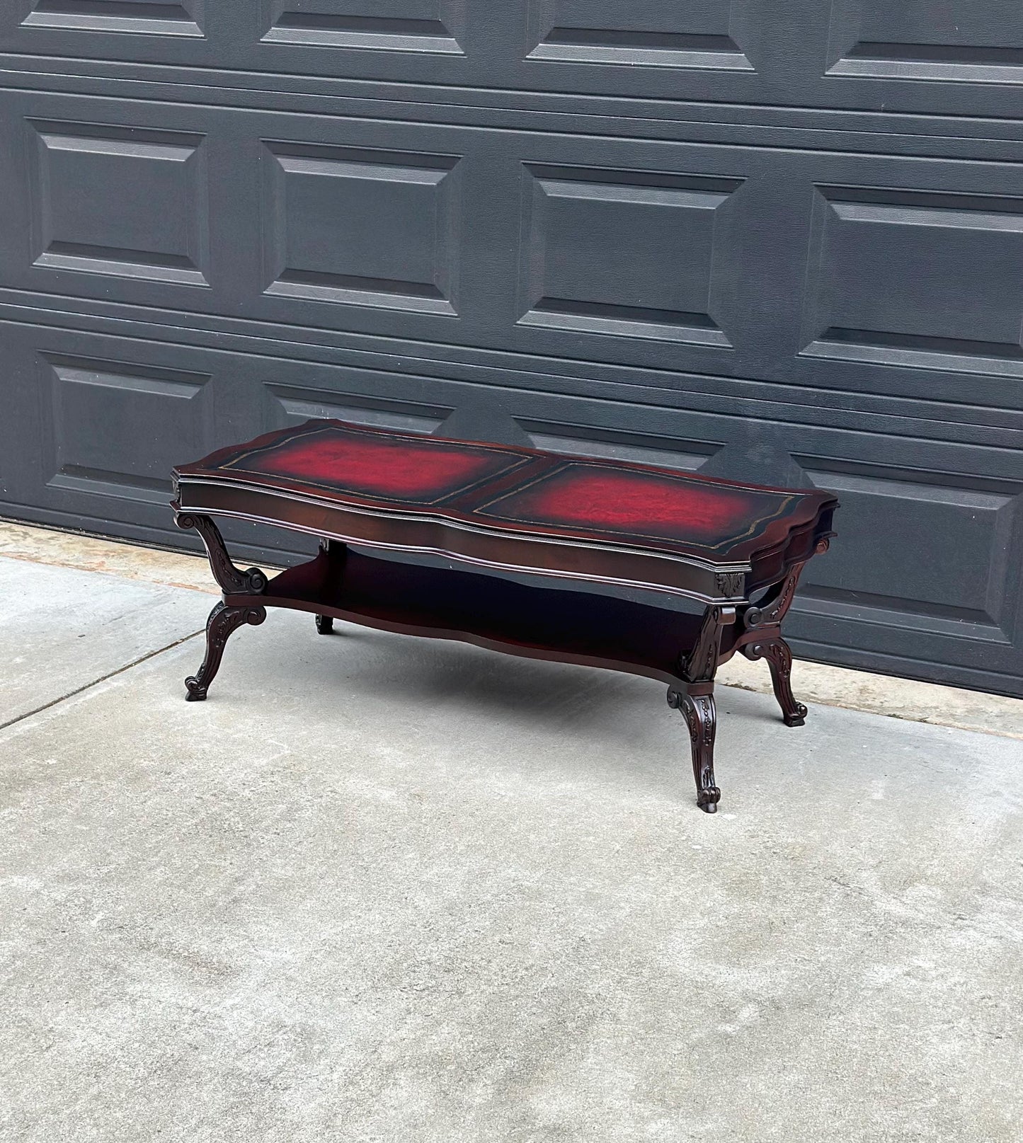 Vintage Early 20th C Carved Mahogany & Inset Leather Open Shelf Solid Wood Coffee Table