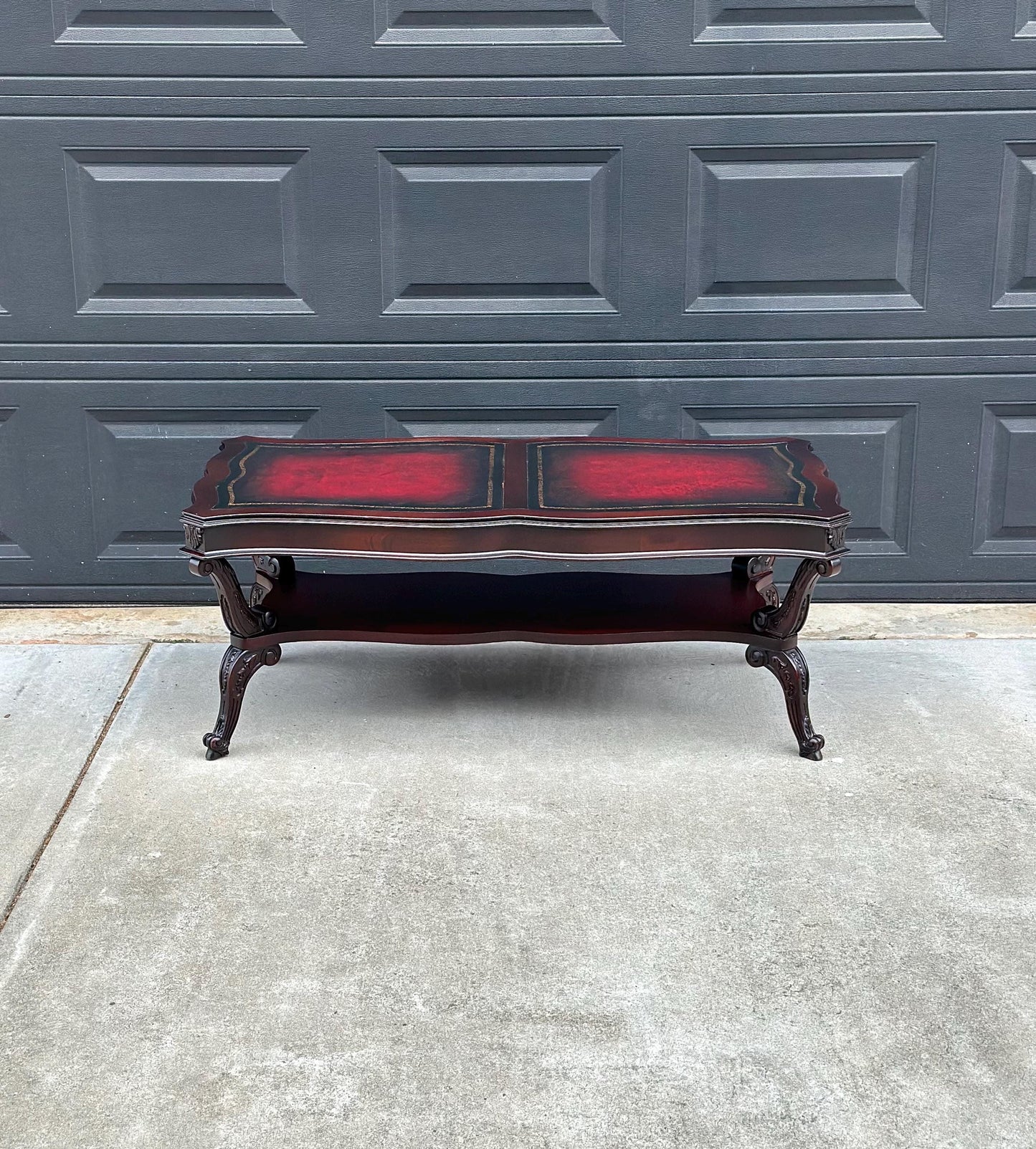 Vintage Early 20th C Carved Mahogany & Inset Leather Open Shelf Solid Wood Coffee Table