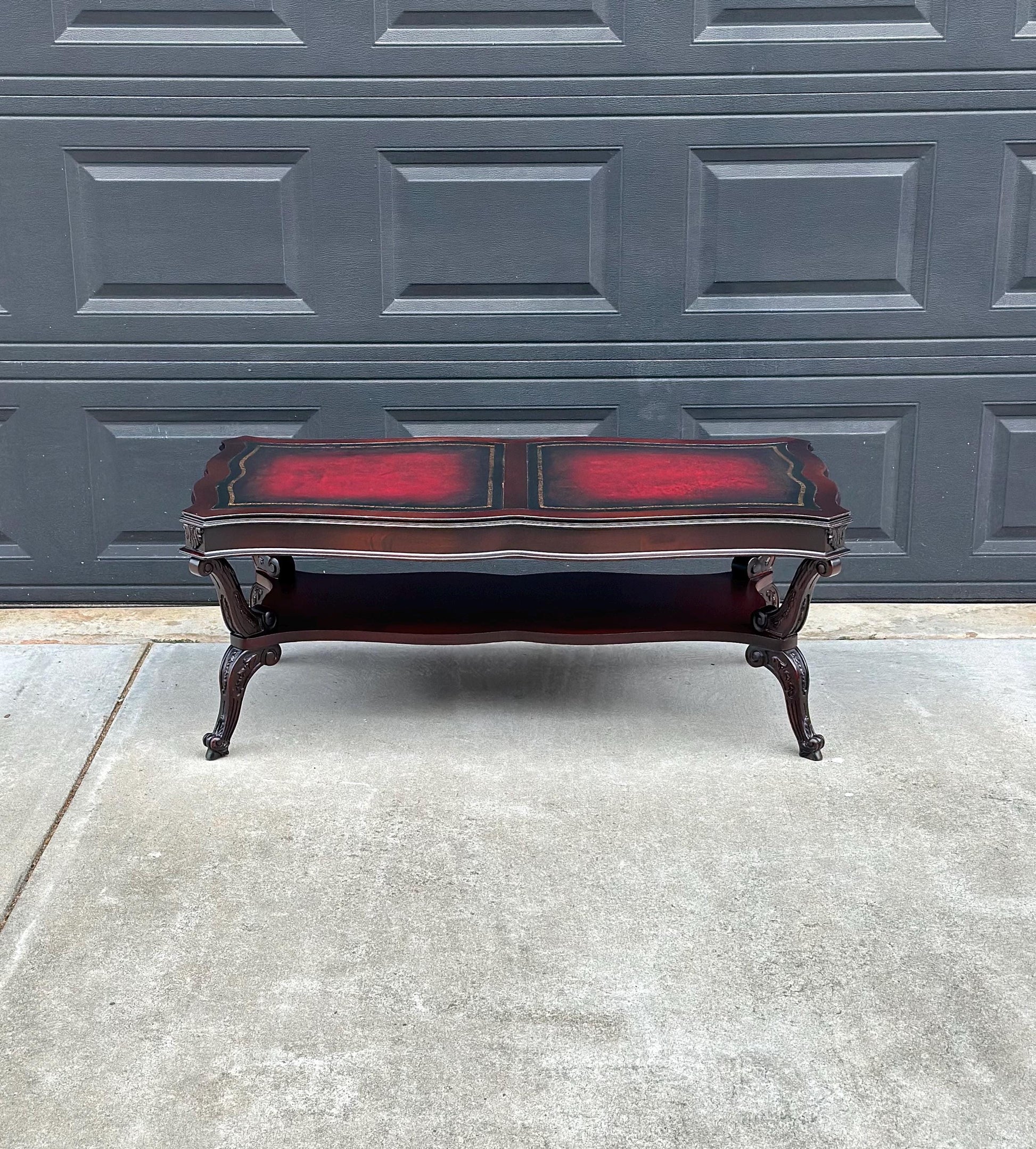 Vintage Early 20th C Carved Mahogany & Inset Leather Open Shelf Solid Wood Coffee Table