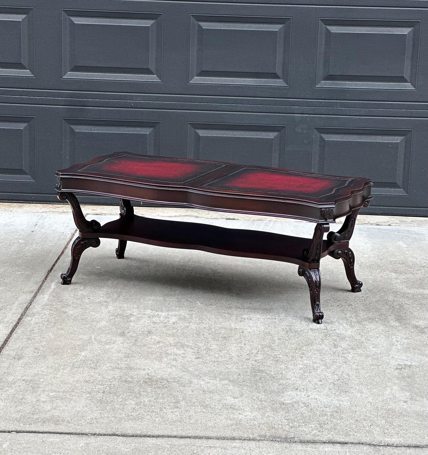 Vintage Early 20th C Carved Mahogany & Inset Leather Open Shelf Solid Wood Coffee Table