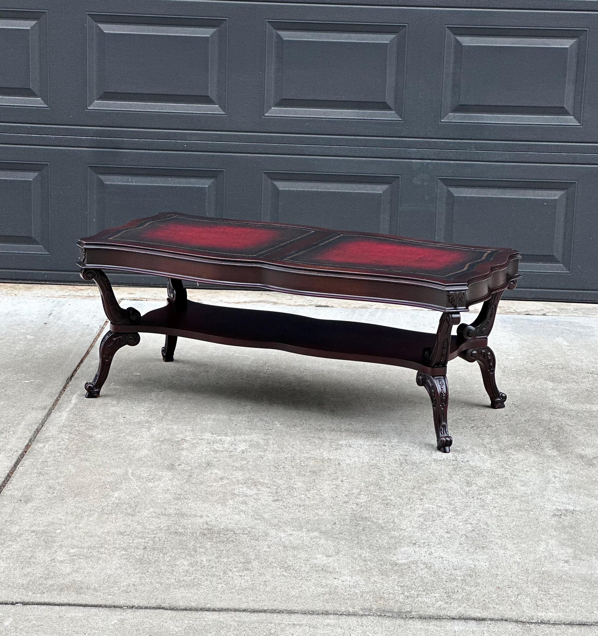 Vintage Early 20th C Carved Mahogany & Inset Leather Open Shelf Solid Wood Coffee Table