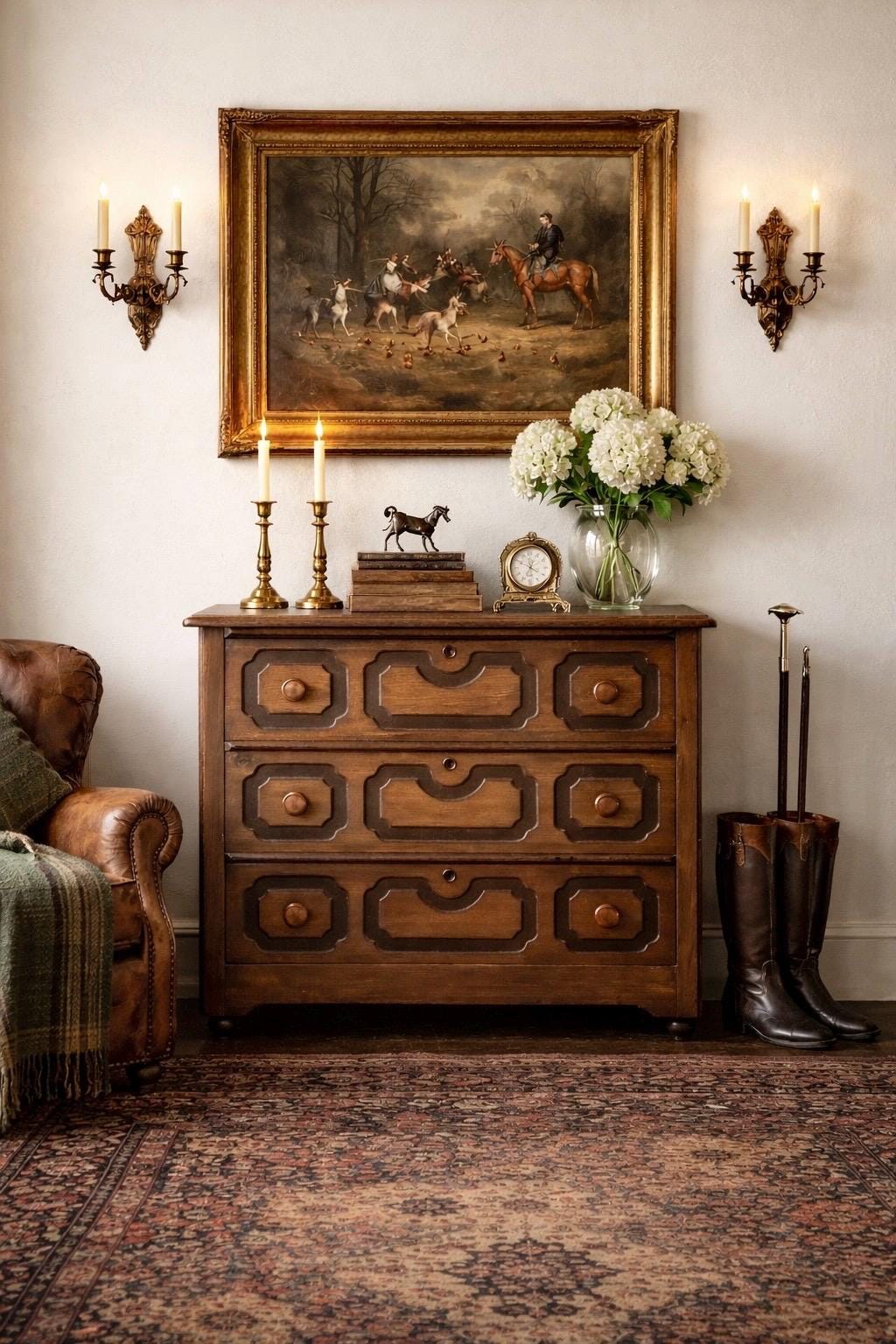 Vintage Late 19th Century Solid Wood Carved Walnut Rustic Storage Dresser on Casters