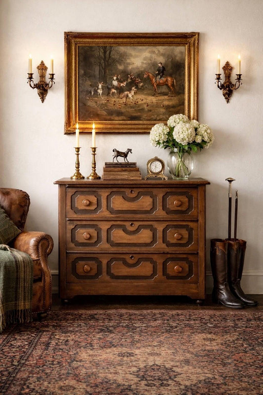 Vintage Late 19th Century Solid Wood Carved Walnut Rustic Storage Dresser on Casters
