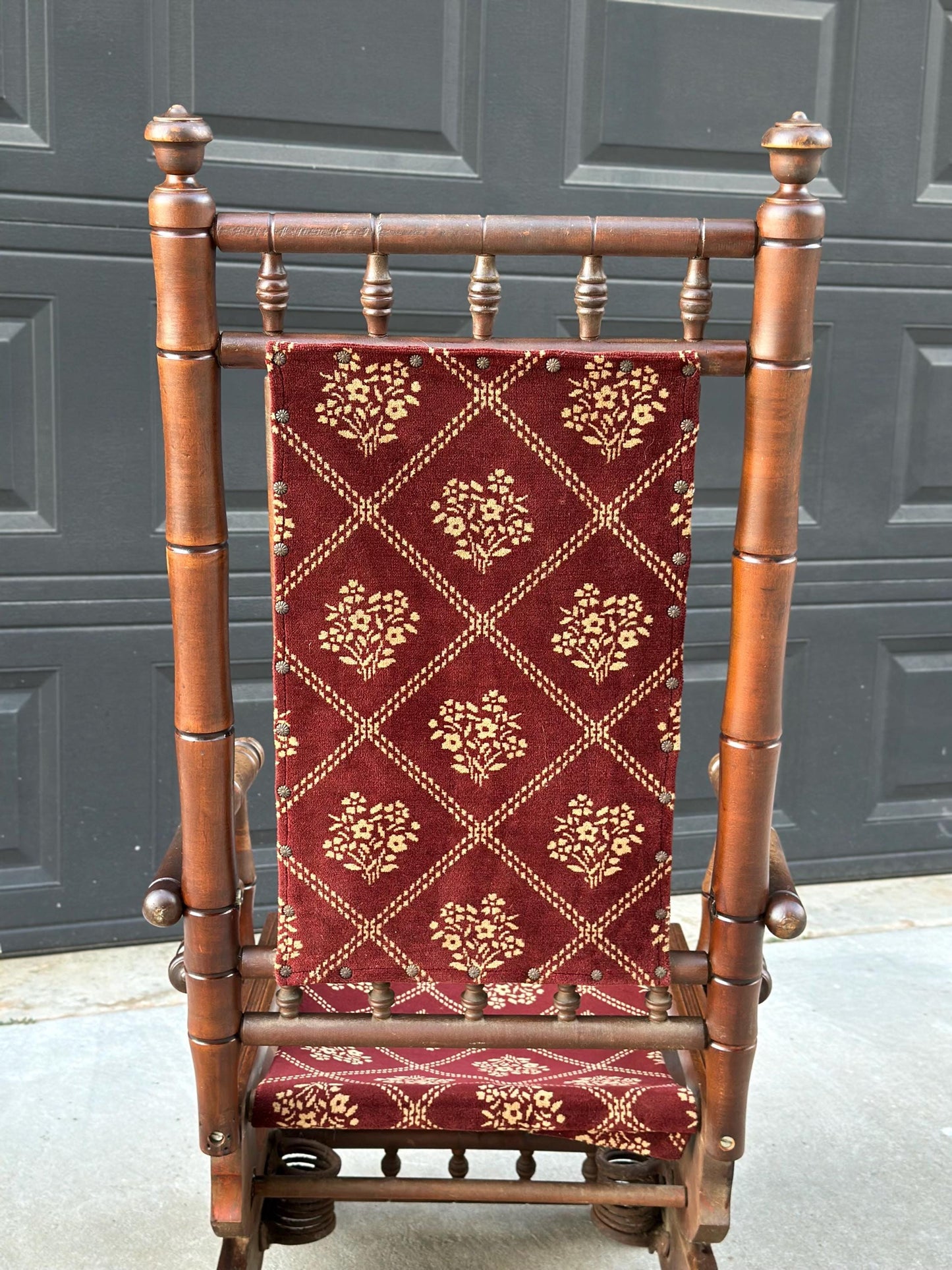 Antique Late 19th C. Eastlake Carved Walnut Wood Upholstered Rustic Rocking Accent Chair