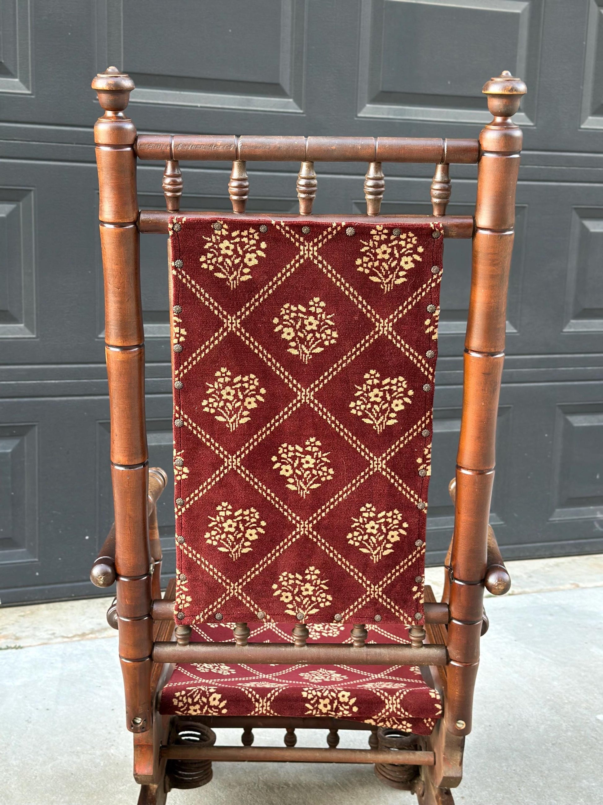 Antique Late 19th C. Eastlake Carved Walnut Wood Upholstered Rustic Rocking Accent Chair