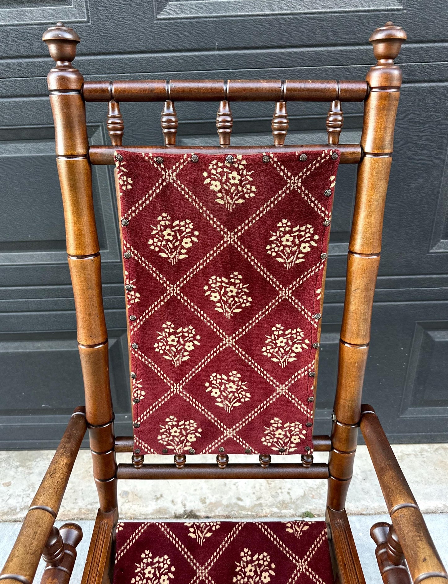 Antique Late 19th C. Eastlake Carved Walnut Wood Upholstered Rustic Rocking Accent Chair