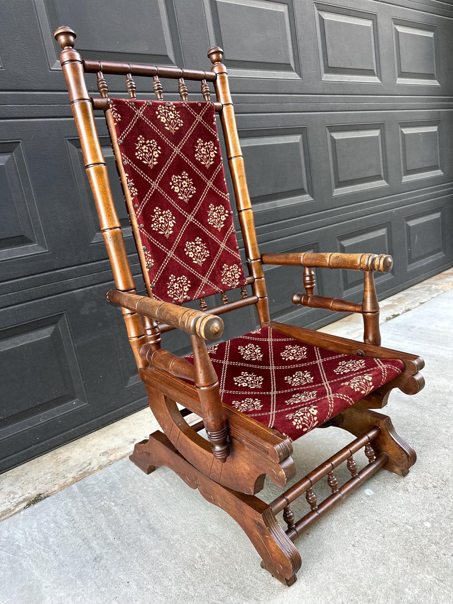 Antique Late 19th C. Eastlake Carved Walnut Wood Upholstered Rustic Rocking Accent Chair