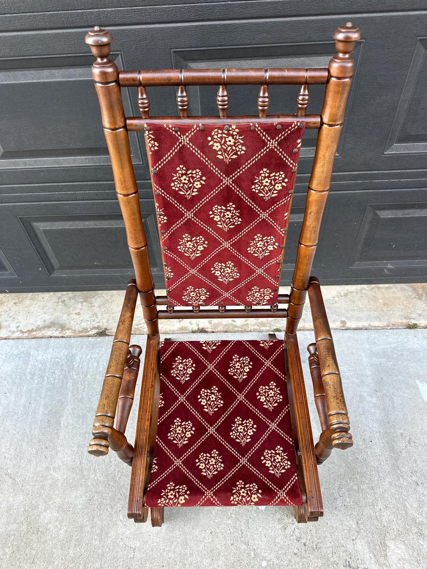 Antique Late 19th C. Eastlake Carved Walnut Wood Upholstered Rustic Rocking Accent Chair
