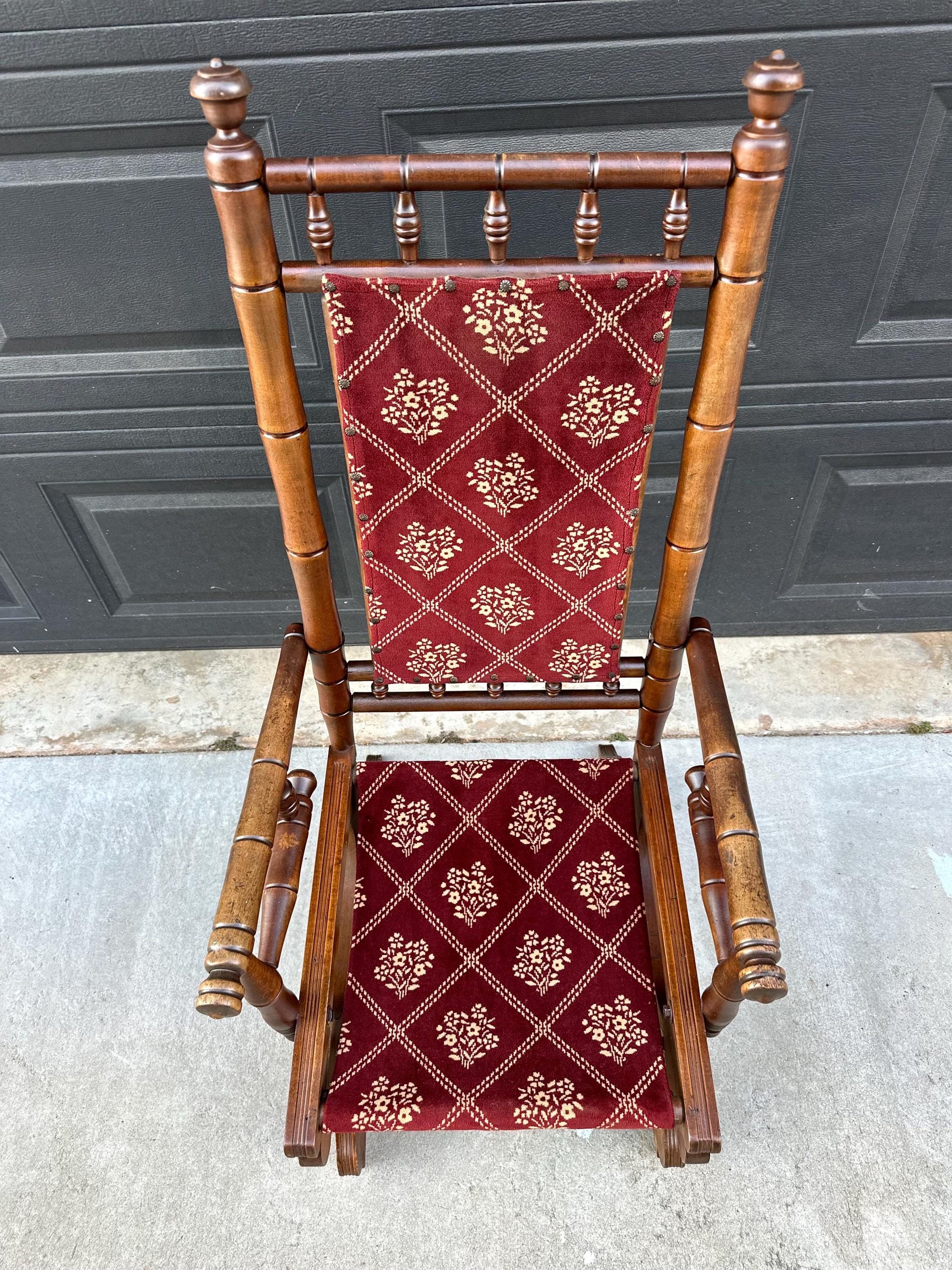 Antique Late 19th C. Eastlake Carved Walnut Wood Upholstered Rustic Rocking Accent Chair