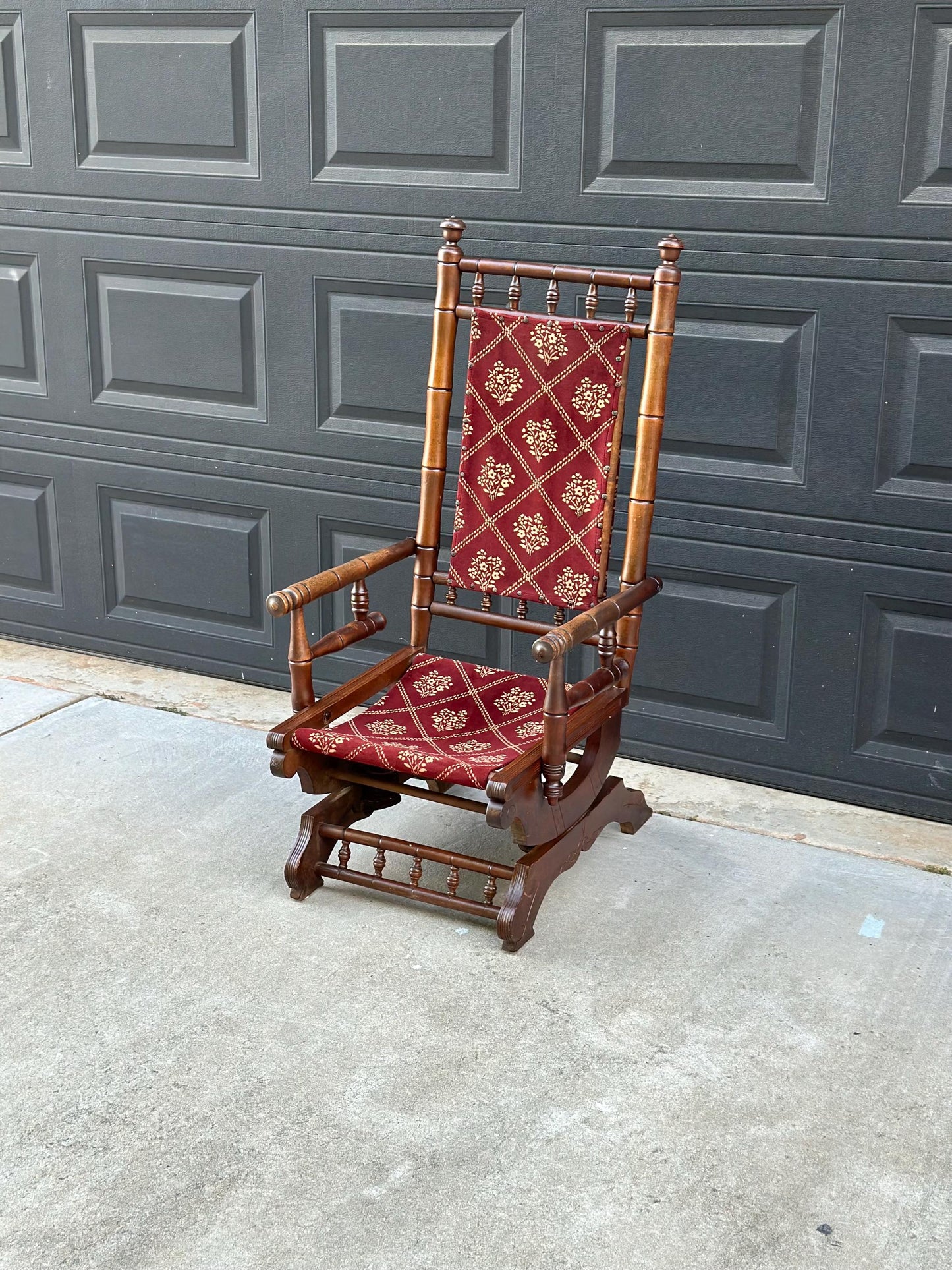 Antique Late 19th C. Eastlake Carved Walnut Wood Upholstered Rustic Rocking Accent Chair