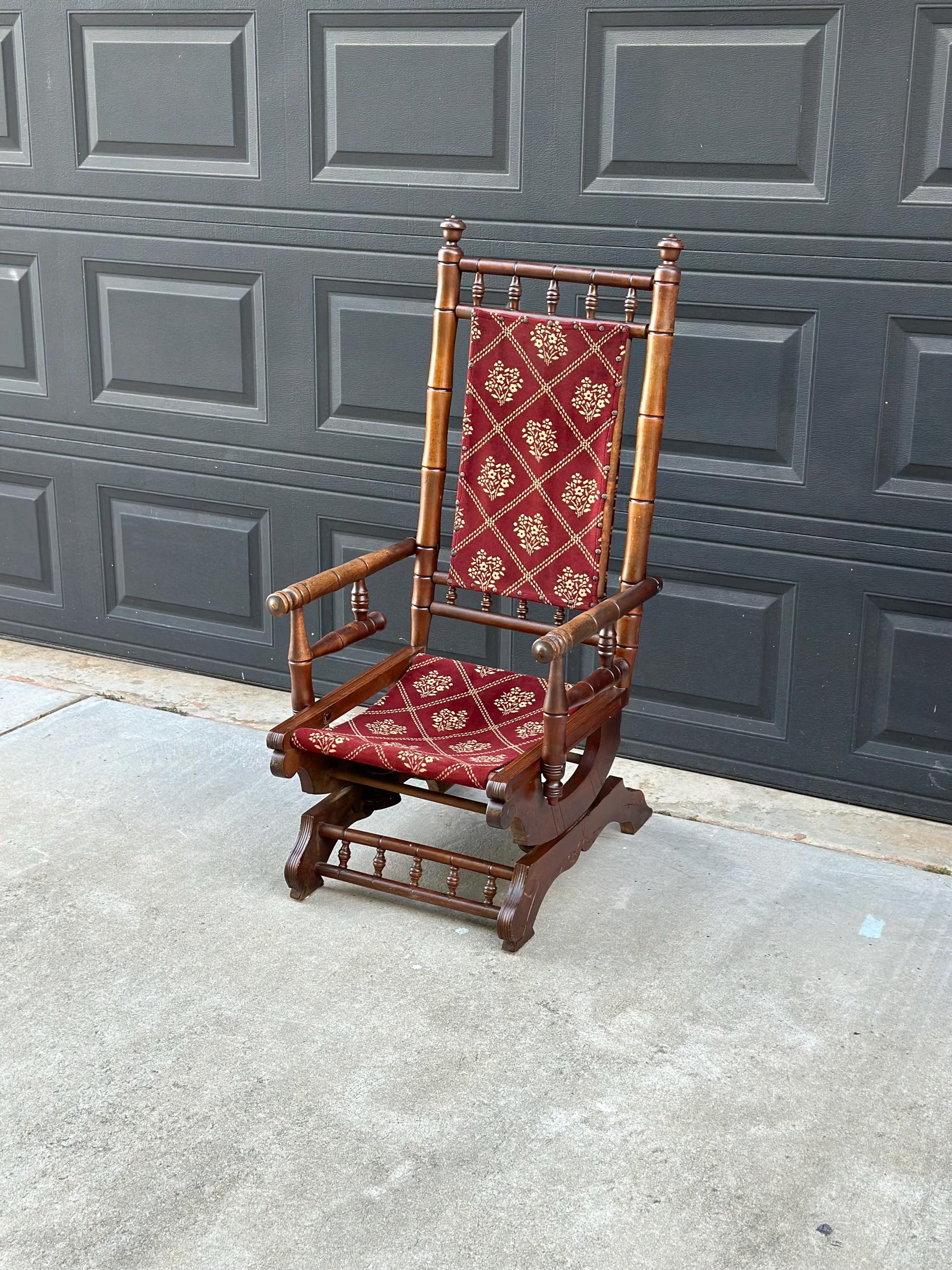 Antique Late 19th C. Eastlake Carved Walnut Wood Upholstered Rustic Rocking Accent Chair