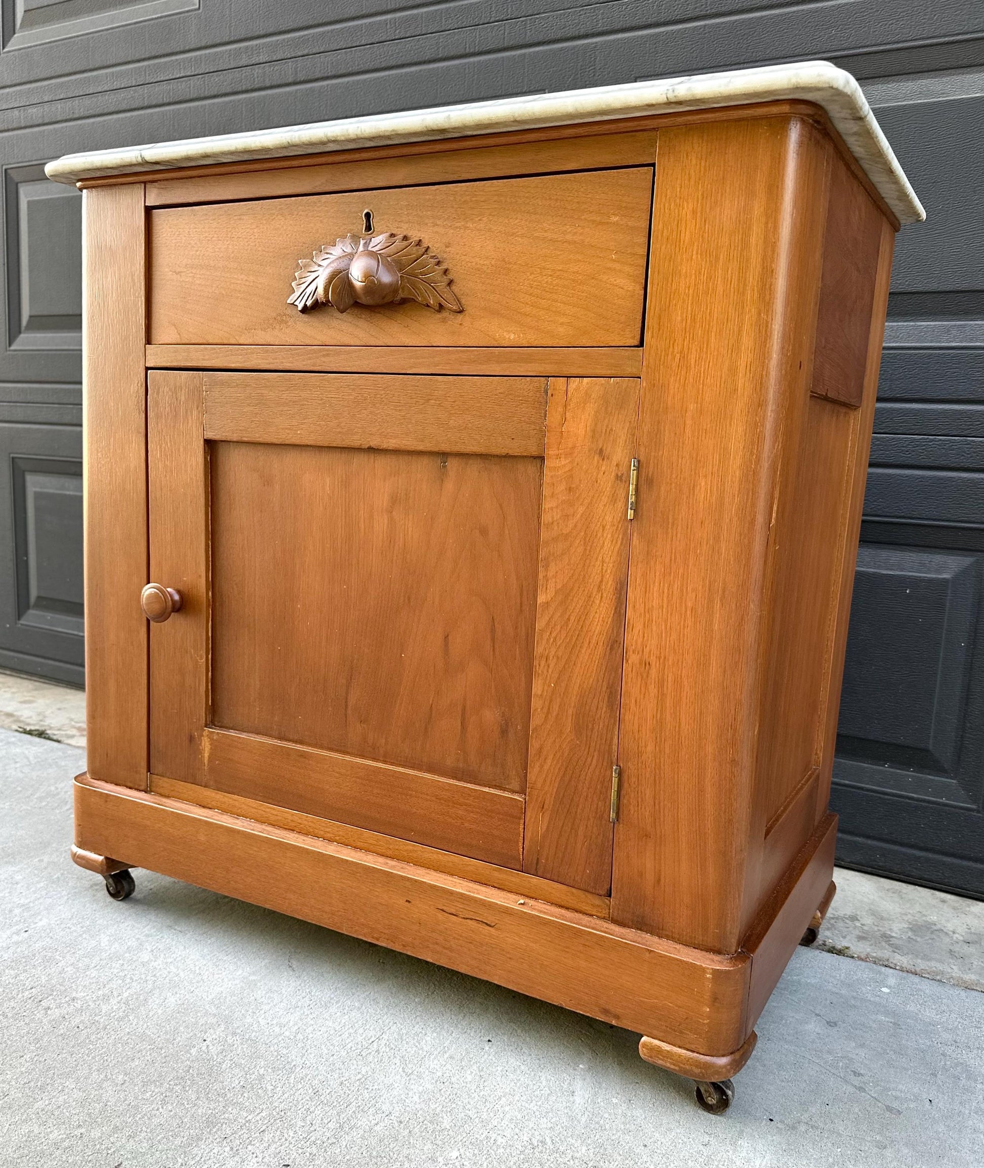 Antique Late 19th C Solid Maple Wood & Marble Eastlake Washstand Cabinet on Casters