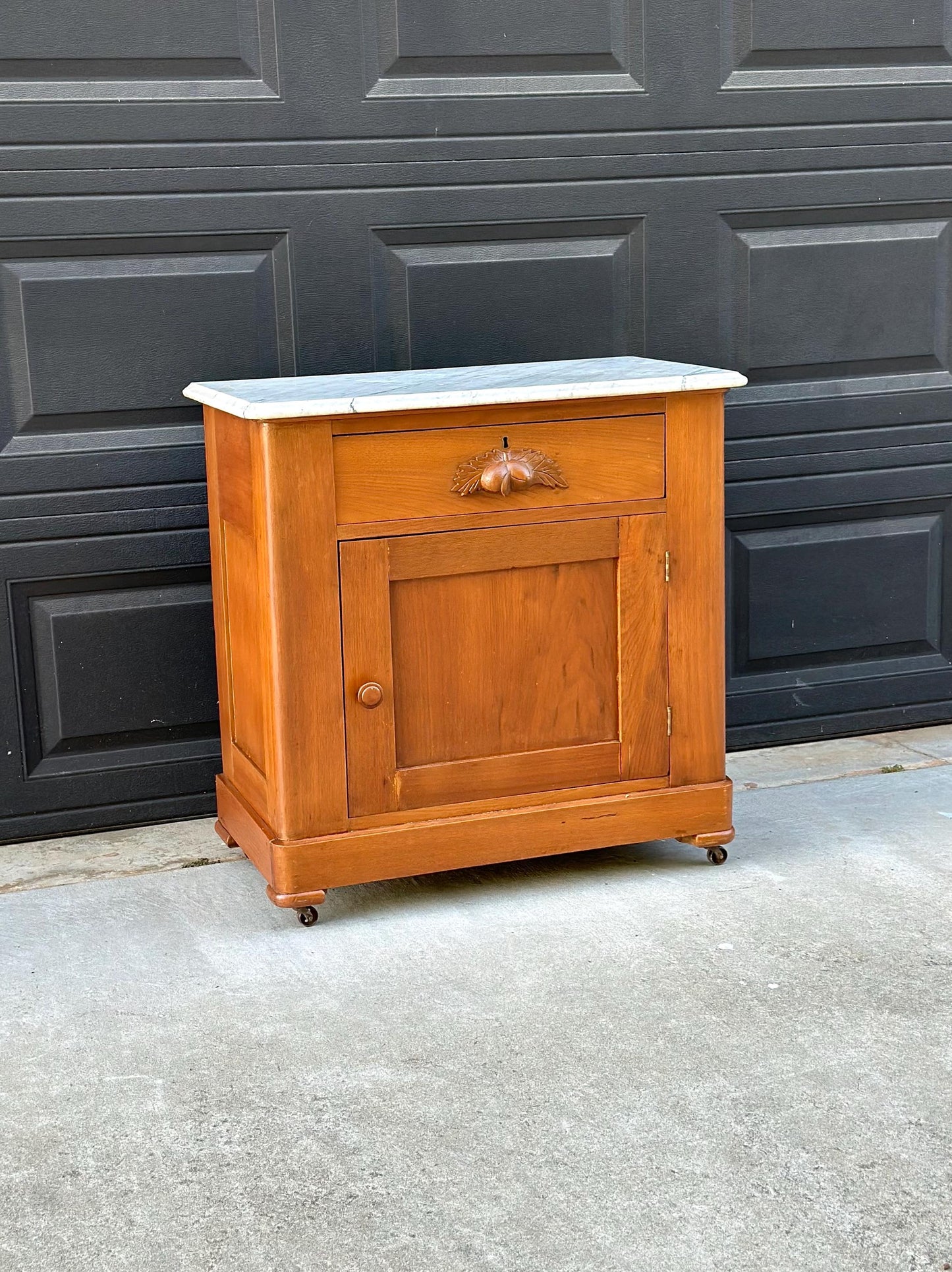 Antique Late 19th C Solid Maple Wood & Marble Eastlake Washstand Cabinet on Casters