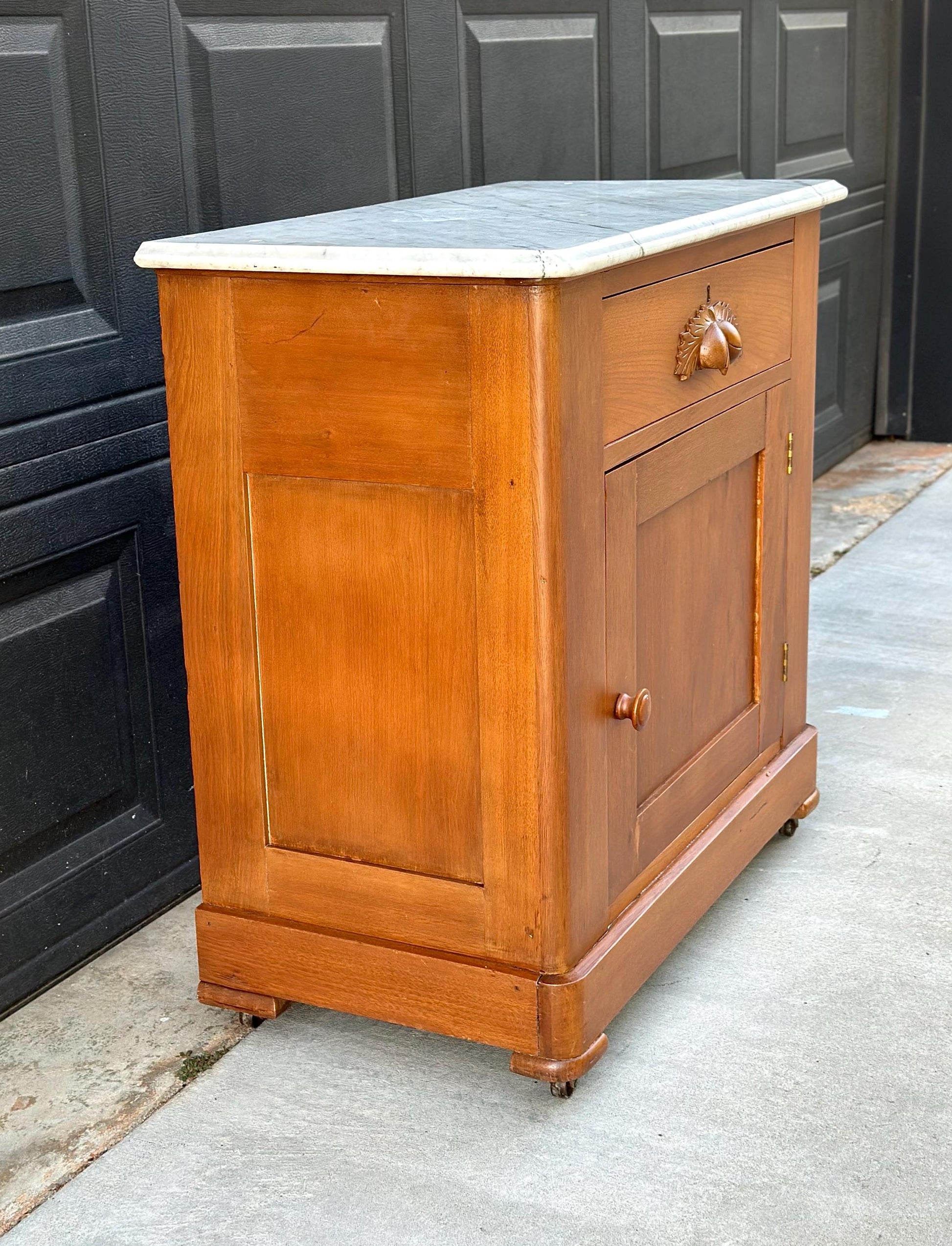 Antique Late 19th C Solid Maple Wood & Marble Eastlake Washstand Cabinet on Casters