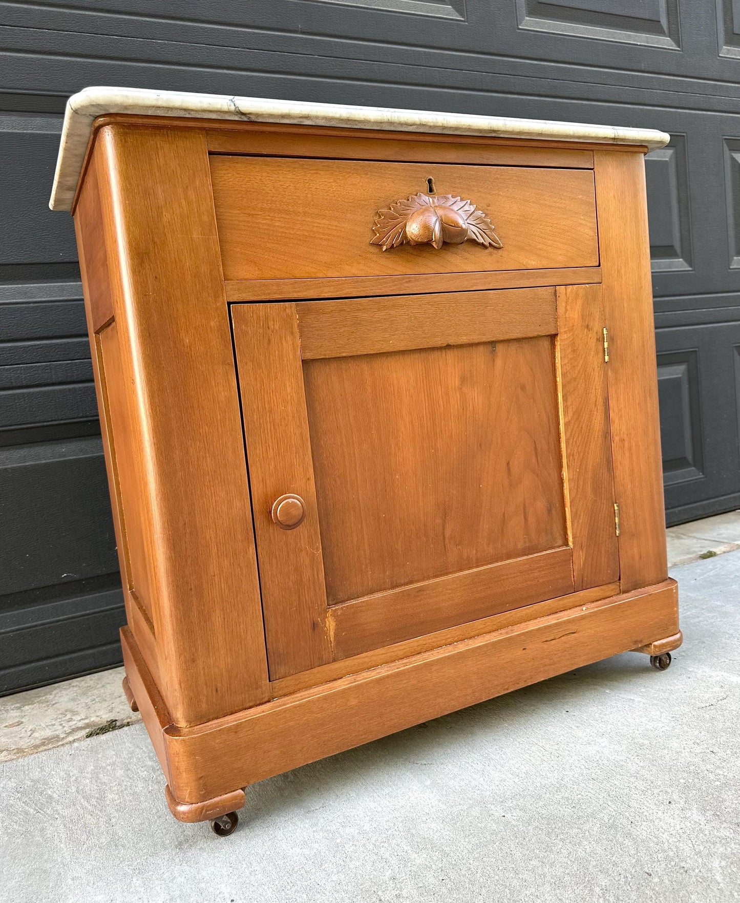 Antique Late 19th C Solid Maple Wood & Marble Eastlake Washstand Cabinet on Casters