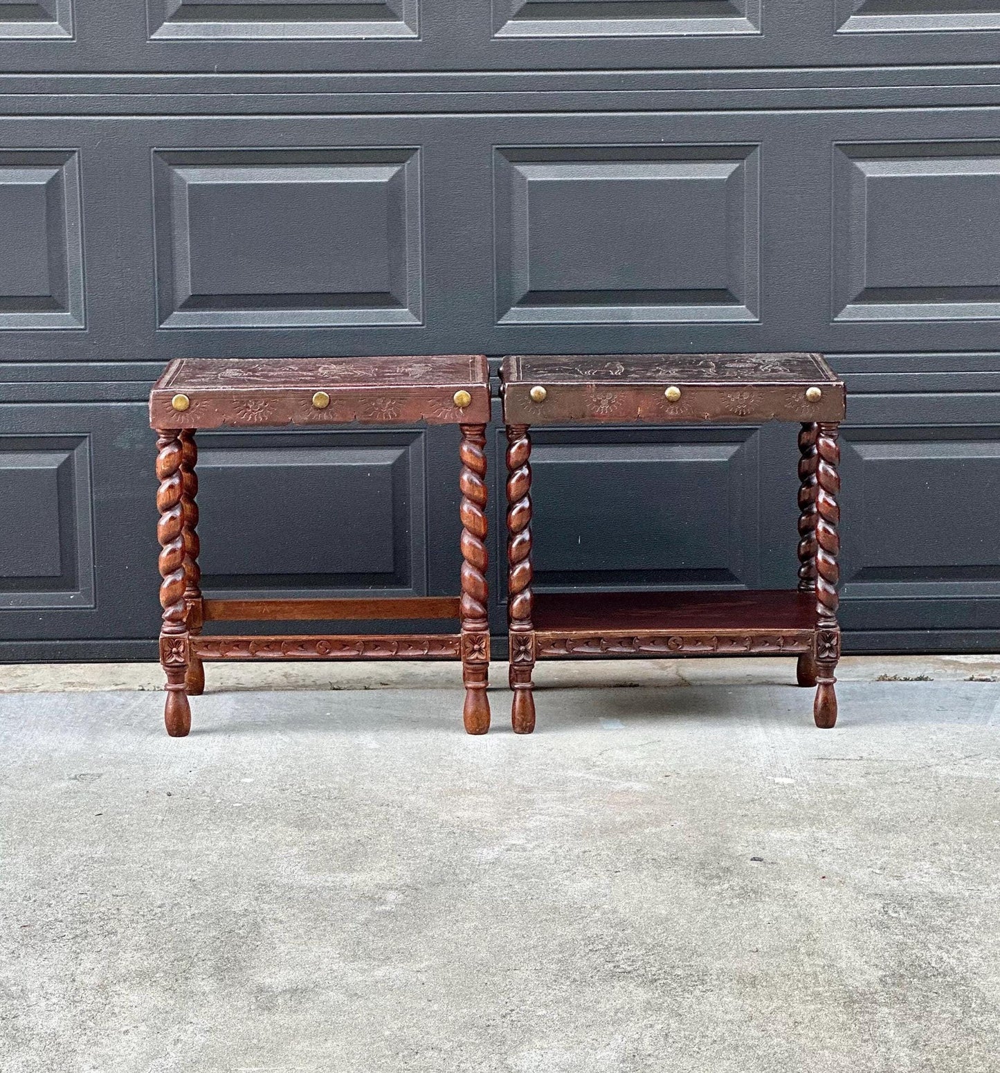 Antique Early 1900s Etched Andean Leather & Mahogany Barley Twist Side Tables - a Pair