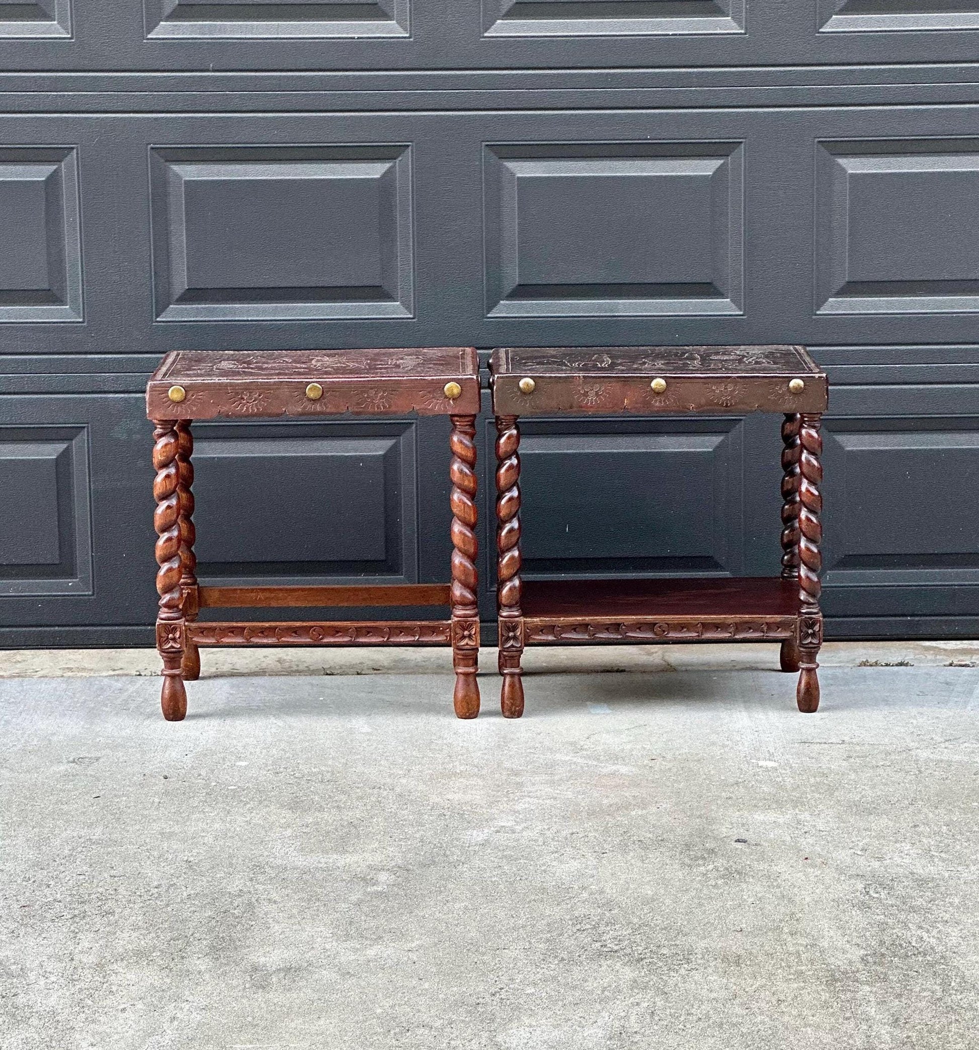 Antique Early 1900s Etched Andean Leather & Mahogany Barley Twist Side Tables - a Pair