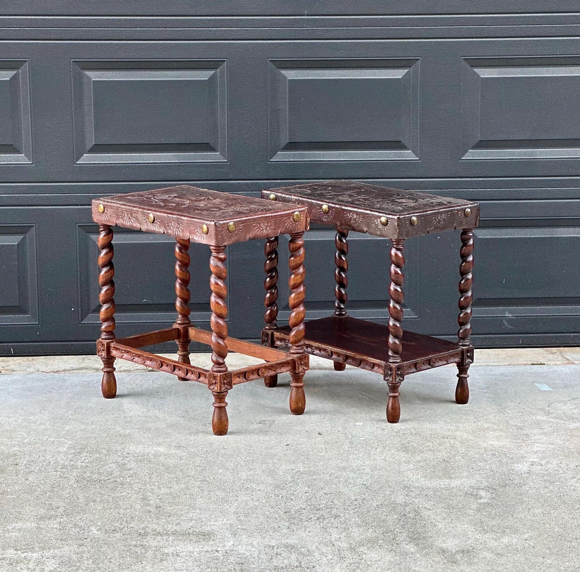Antique Early 1900s Etched Andean Leather & Mahogany Barley Twist Side Tables - a Pair