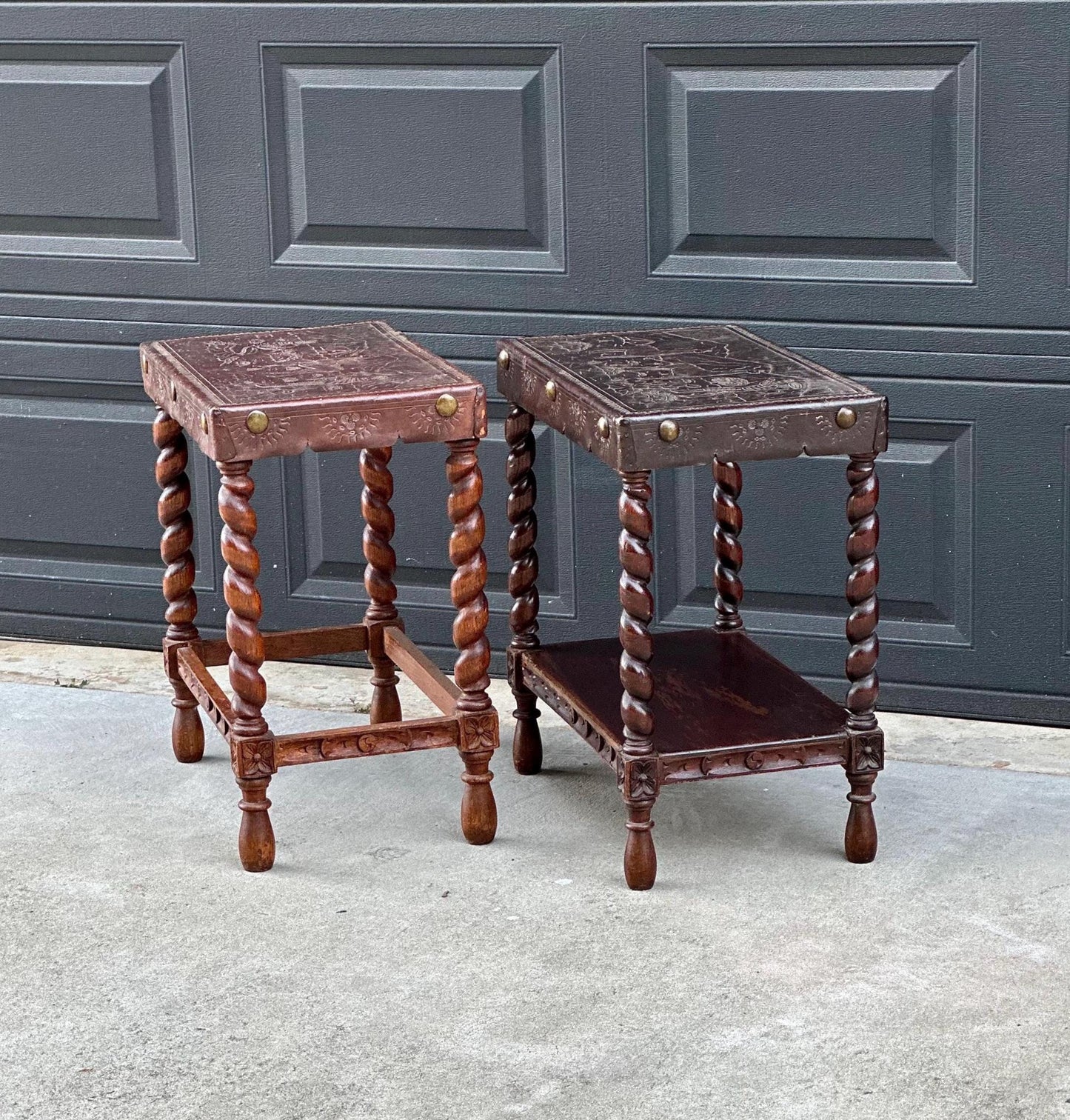 Antique Early 1900s Etched Andean Leather & Mahogany Barley Twist Side Tables - a Pair