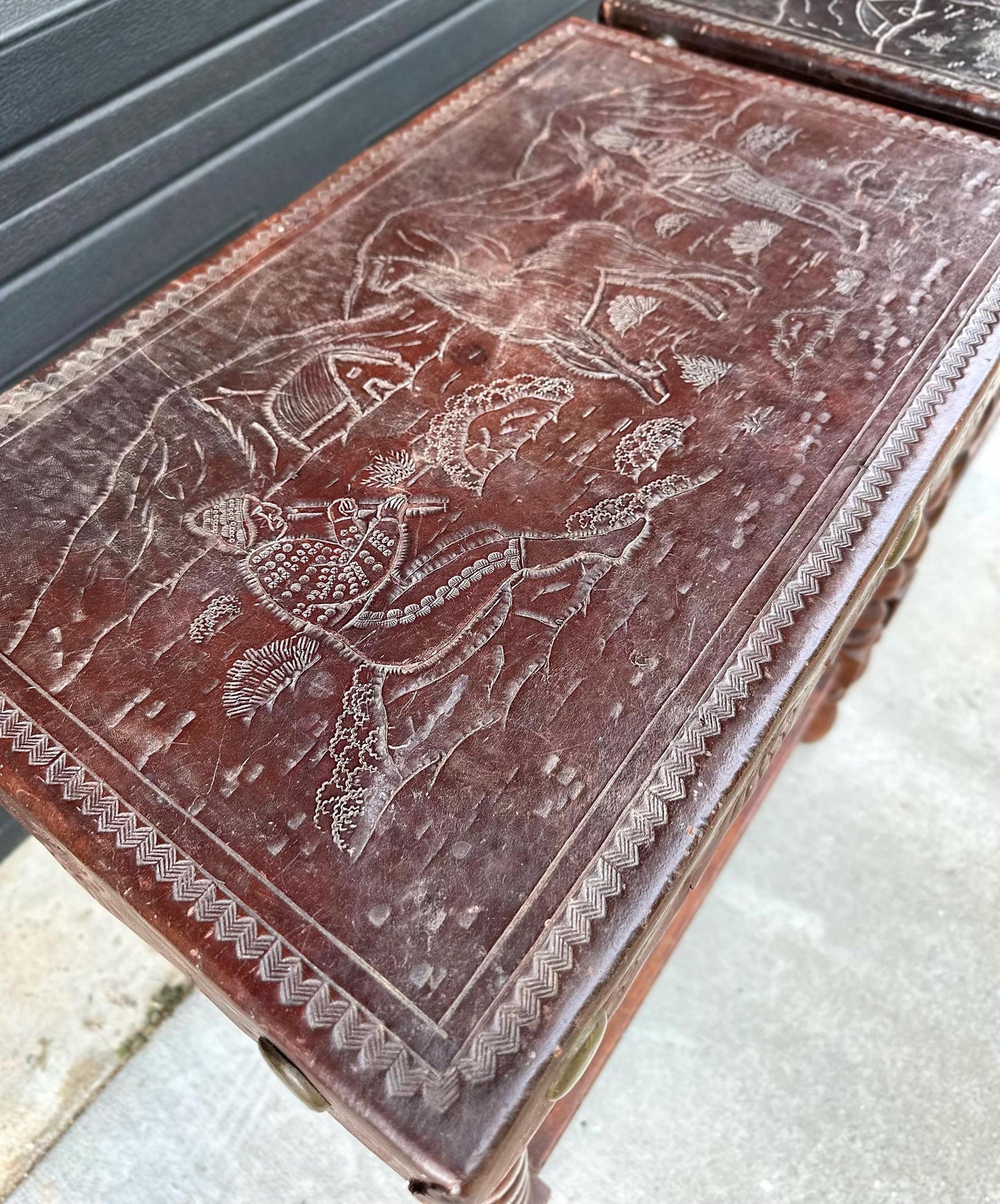 Antique Early 1900s Etched Andean Leather & Mahogany Barley Twist Side Tables - a Pair