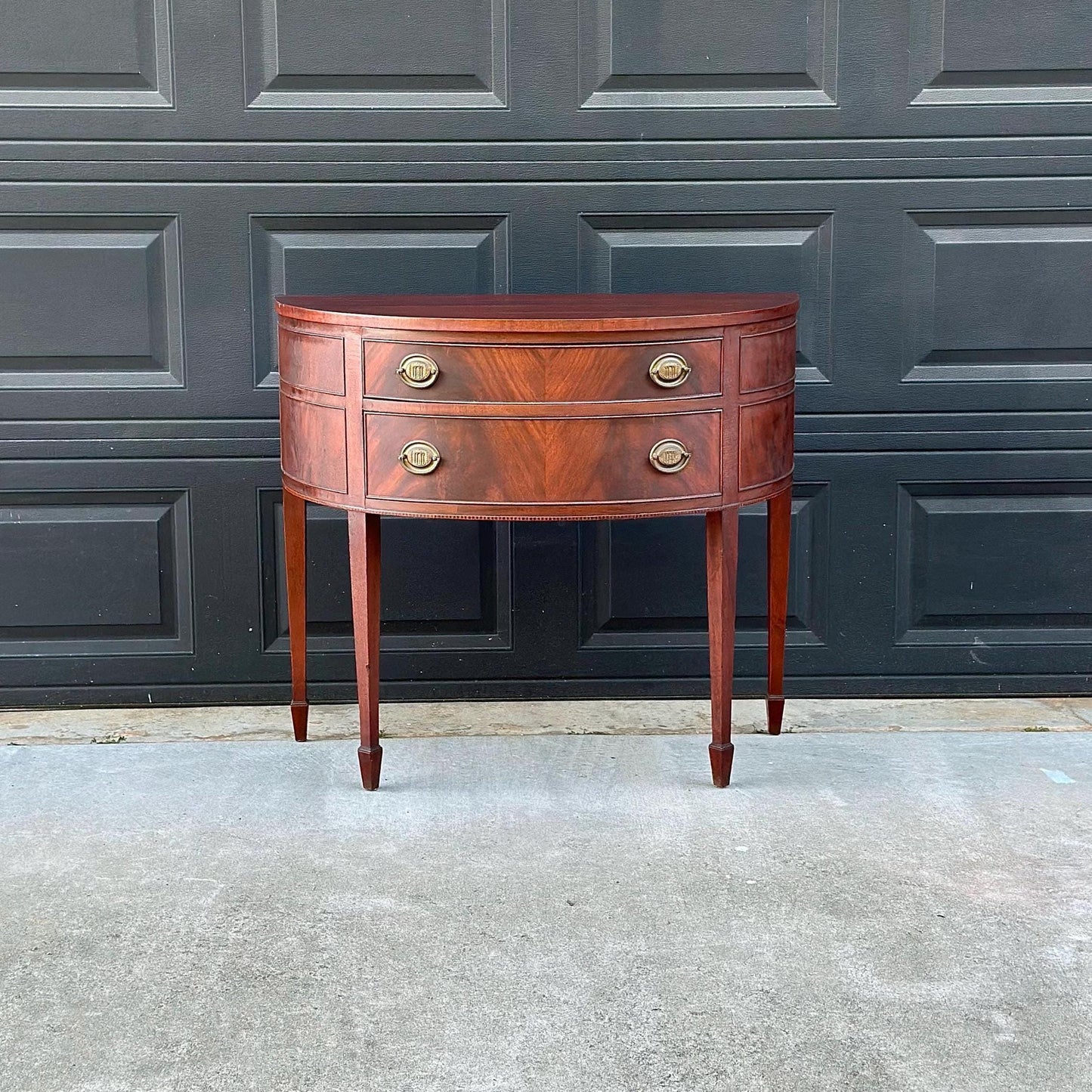 Vintage Early 20th Century Crotch Mahogany Half Round Two Drawer Sheraton Entry Hall Table