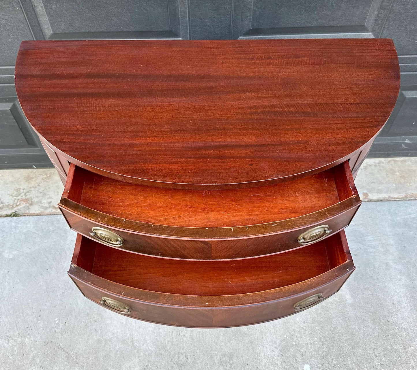 Vintage Early 20th Century Crotch Mahogany Half Round Two Drawer Sheraton Entry Hall Table
