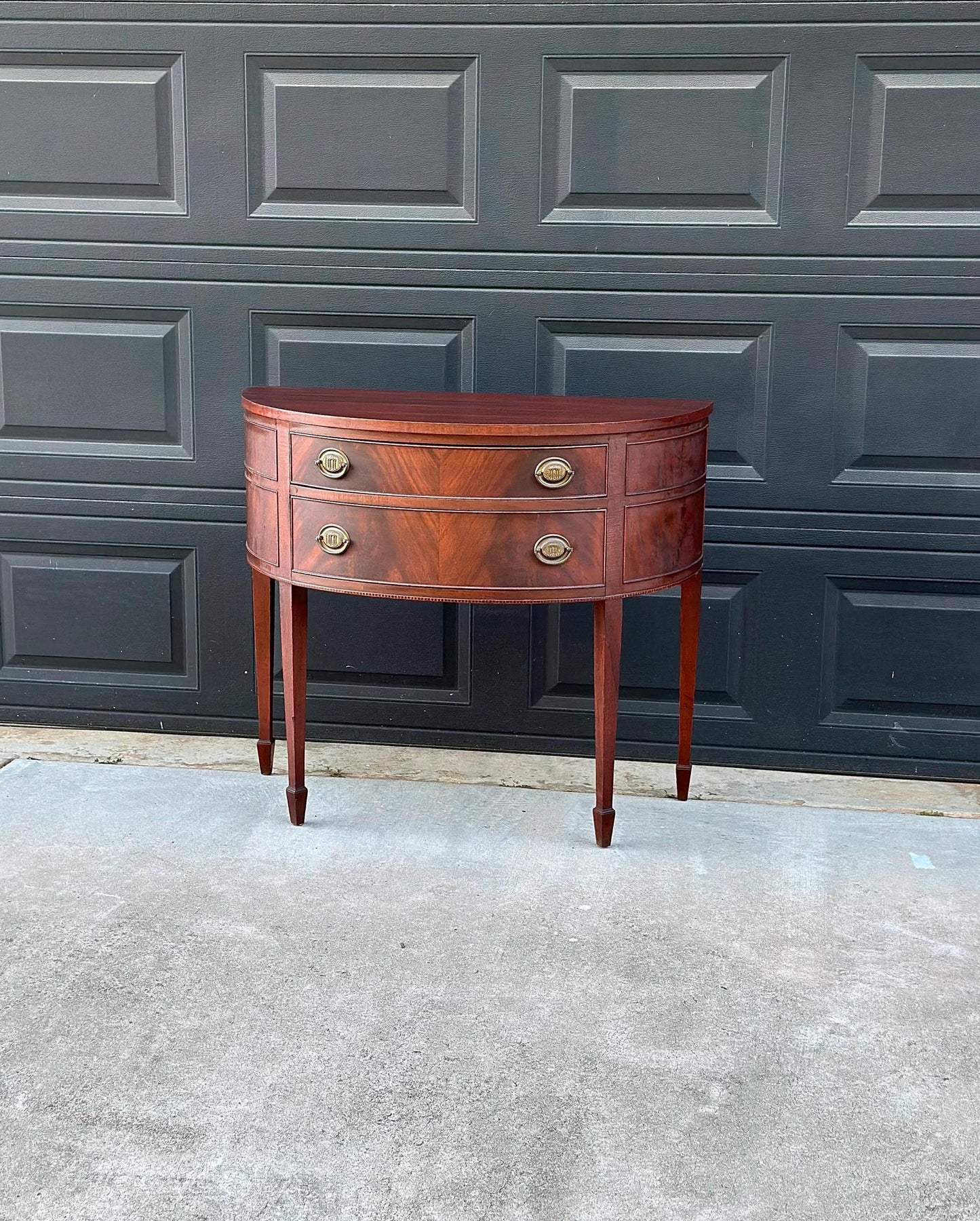 Vintage Early 20th Century Crotch Mahogany Half Round Two Drawer Sheraton Entry Hall Table