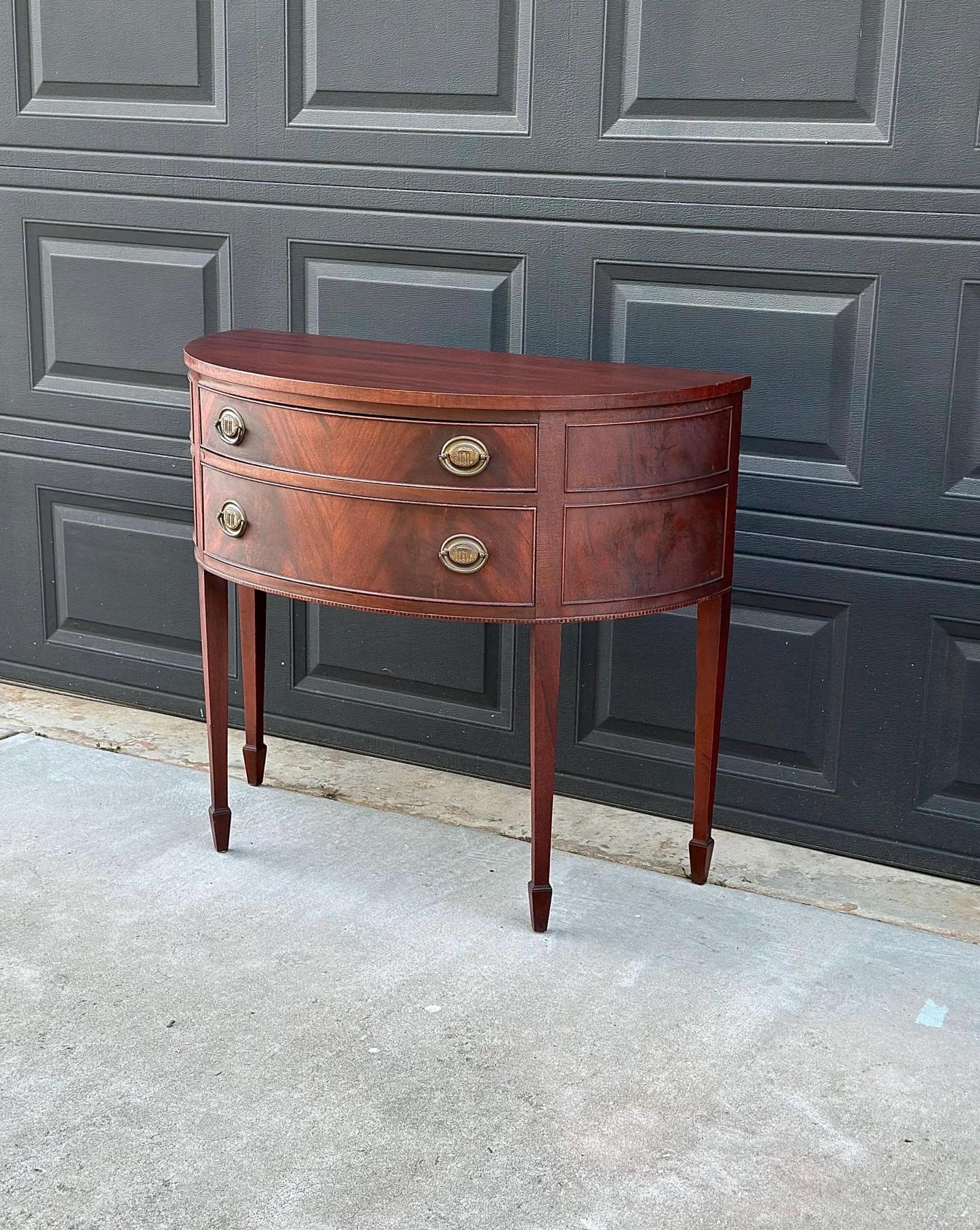 Vintage Early 20th Century Crotch Mahogany Half Round Two Drawer Sheraton Entry Hall Table