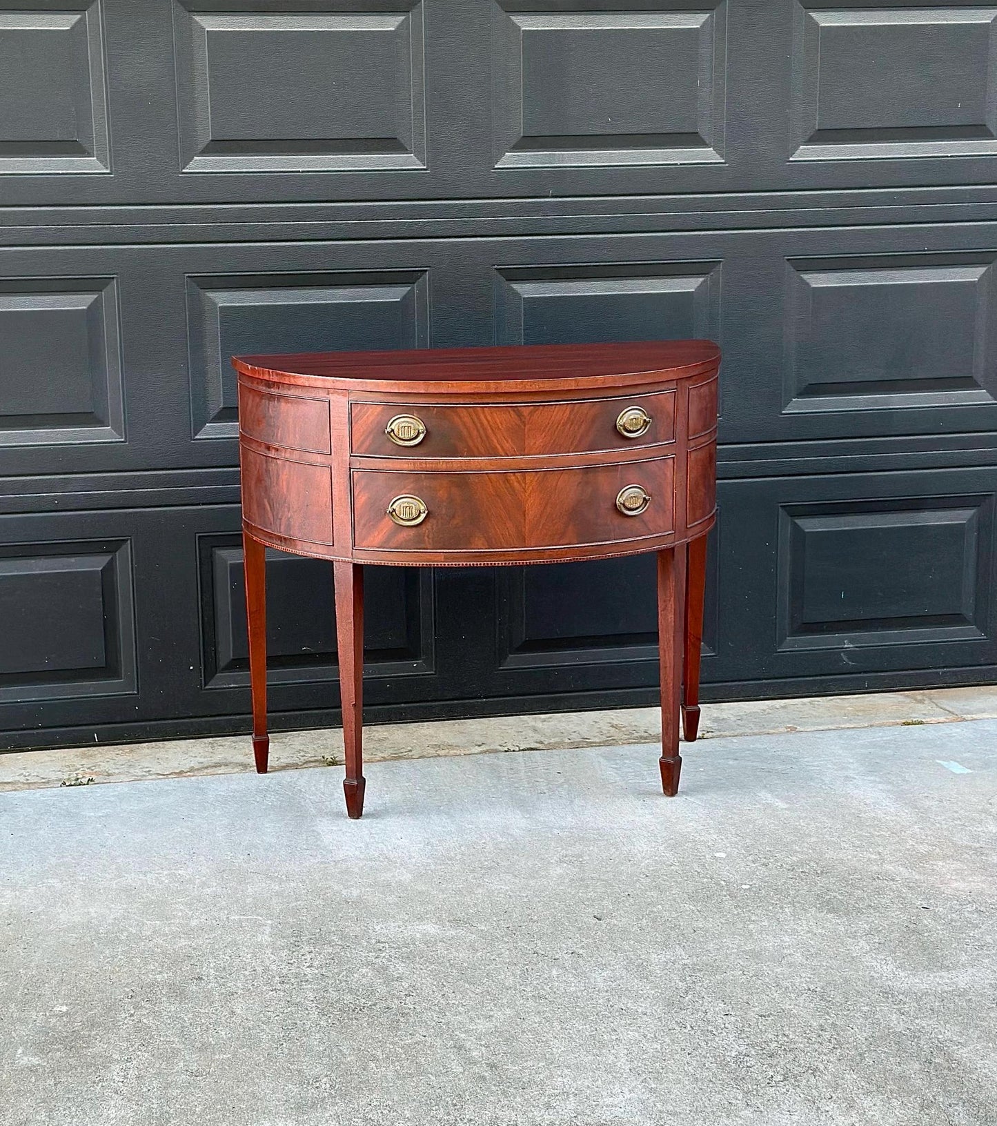 Vintage Early 20th Century Crotch Mahogany Half Round Two Drawer Sheraton Entry Hall Table