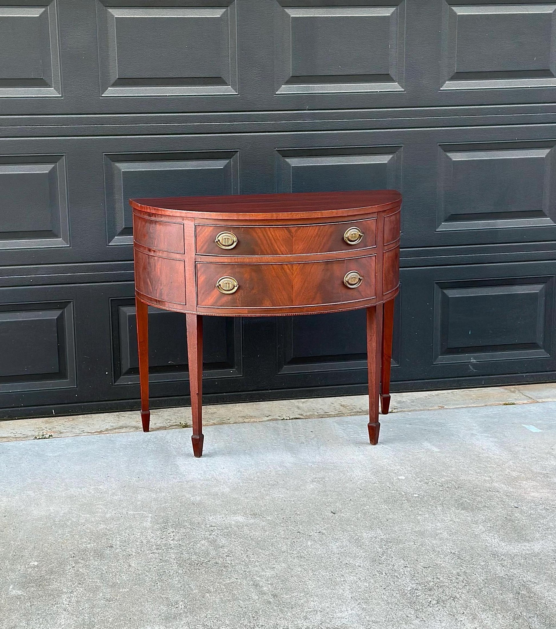 Vintage Early 20th Century Crotch Mahogany Half Round Two Drawer Sheraton Entry Hall Table