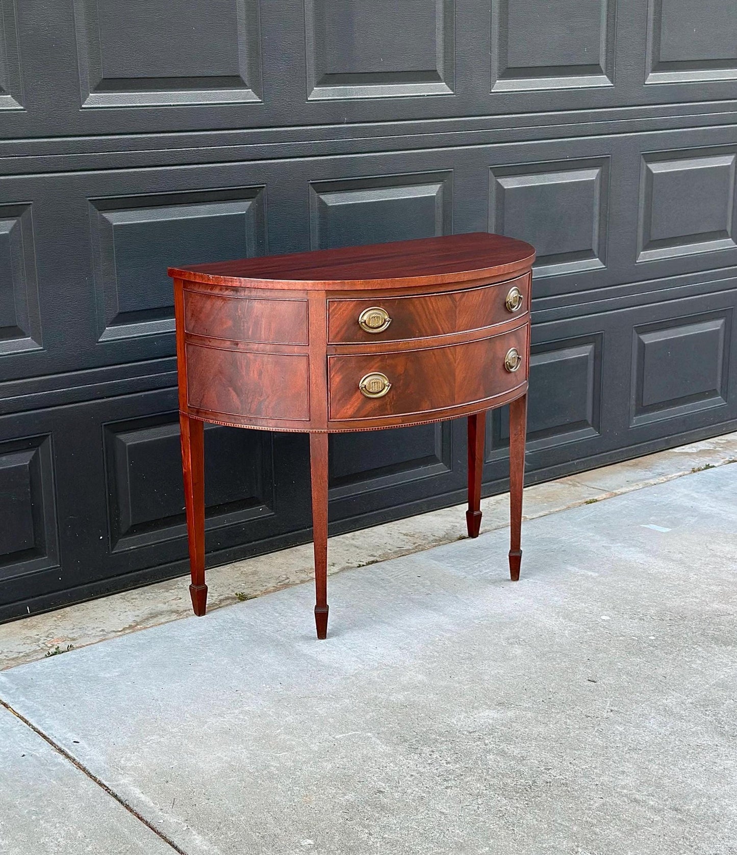 Vintage Early 20th Century Crotch Mahogany Half Round Two Drawer Sheraton Entry Hall Table