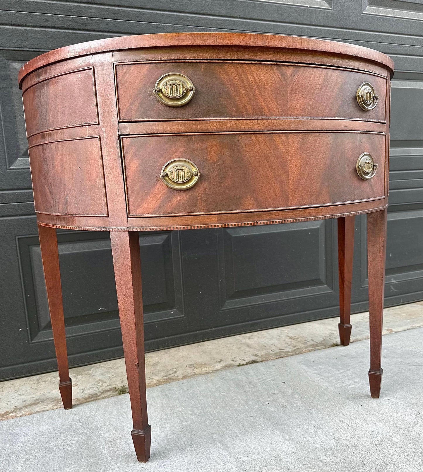 Vintage Early 20th Century Crotch Mahogany Half Round Two Drawer Sheraton Entry Hall Table