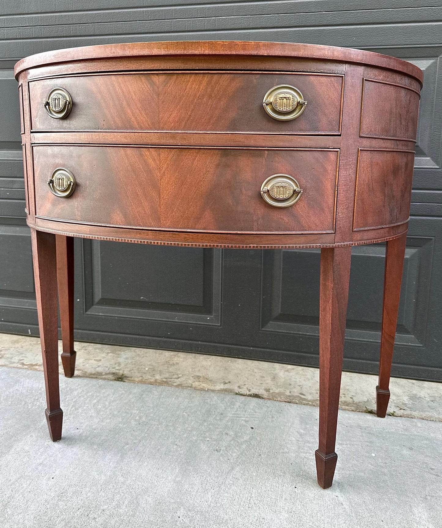 Vintage Early 20th Century Crotch Mahogany Half Round Two Drawer Sheraton Entry Hall Table