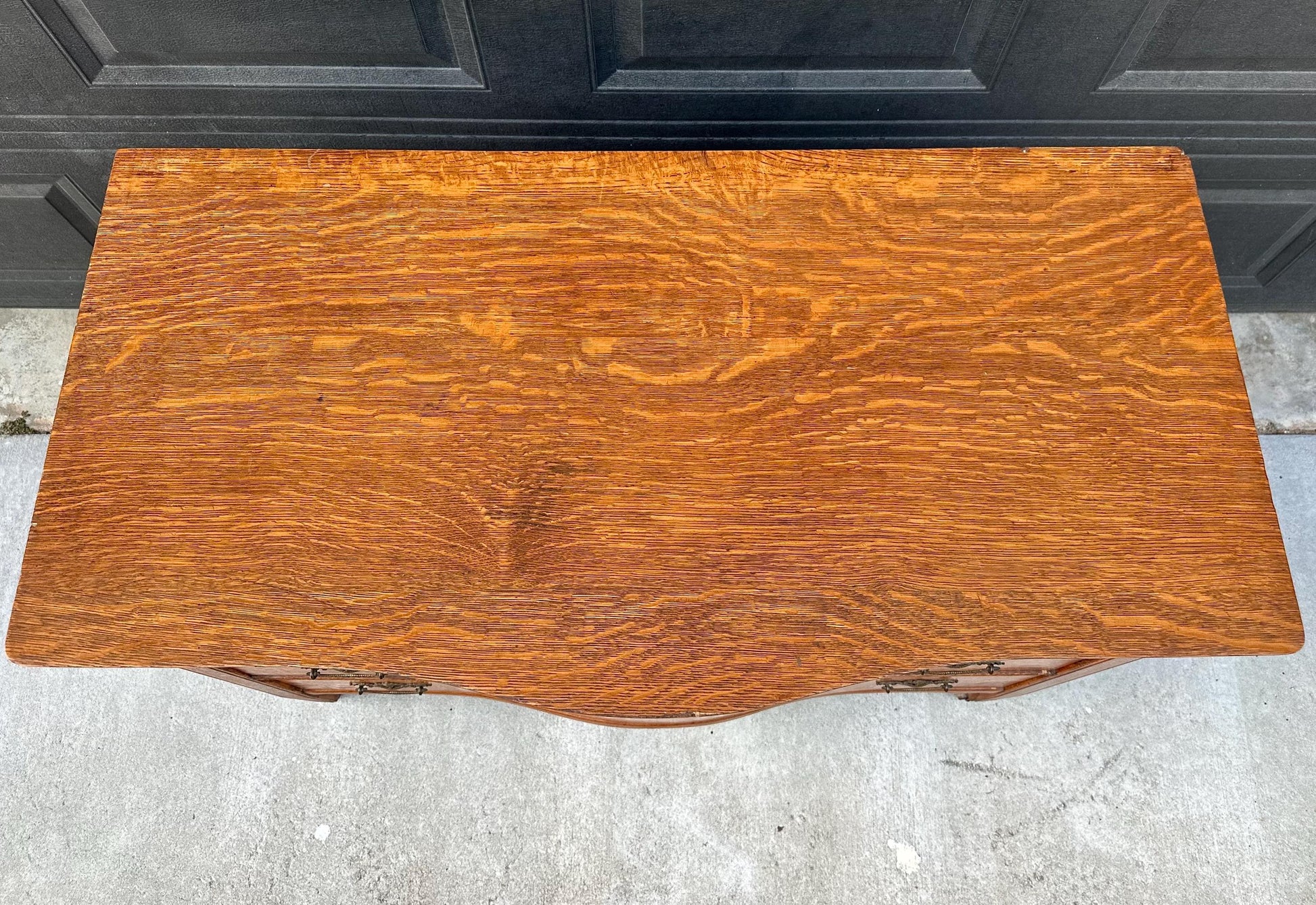 Antique Late 19th C Quarter Sawn Oak Curved Front Four Drawer Chest on Casters