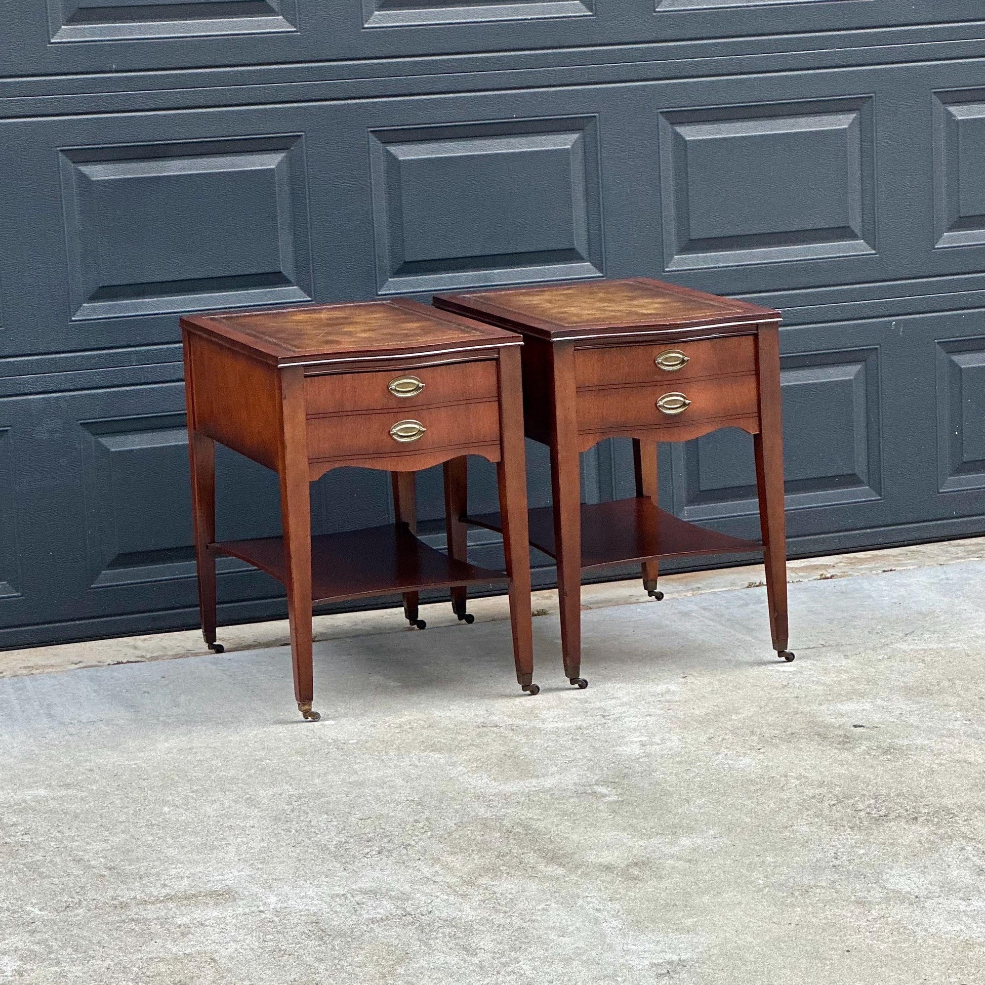 Vintage Mid 1900s Solid Mahogany Wood & Leather Traditional End Tables on Casters 17.75" Wide - a Pair