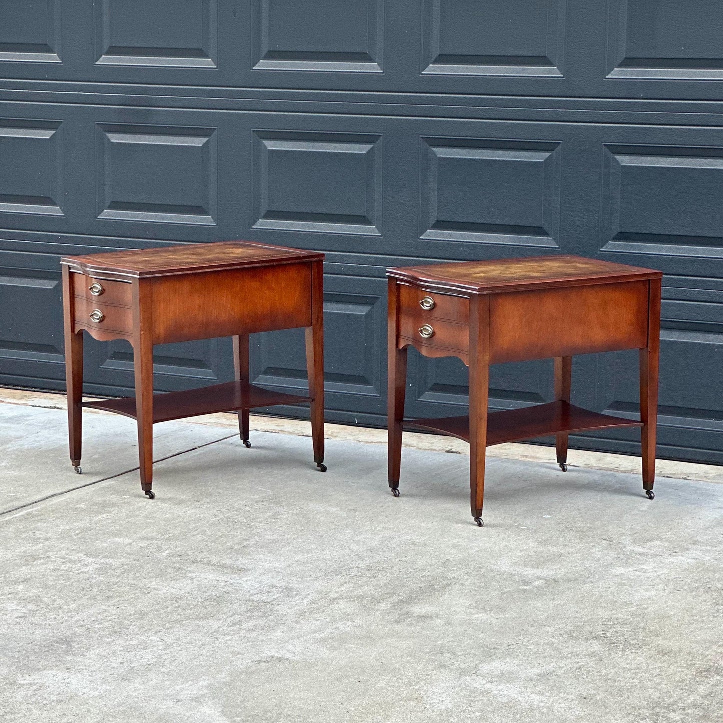 Vintage Mid 1900s Solid Mahogany Wood & Leather Traditional End Tables on Casters 17.75" Wide - a Pair