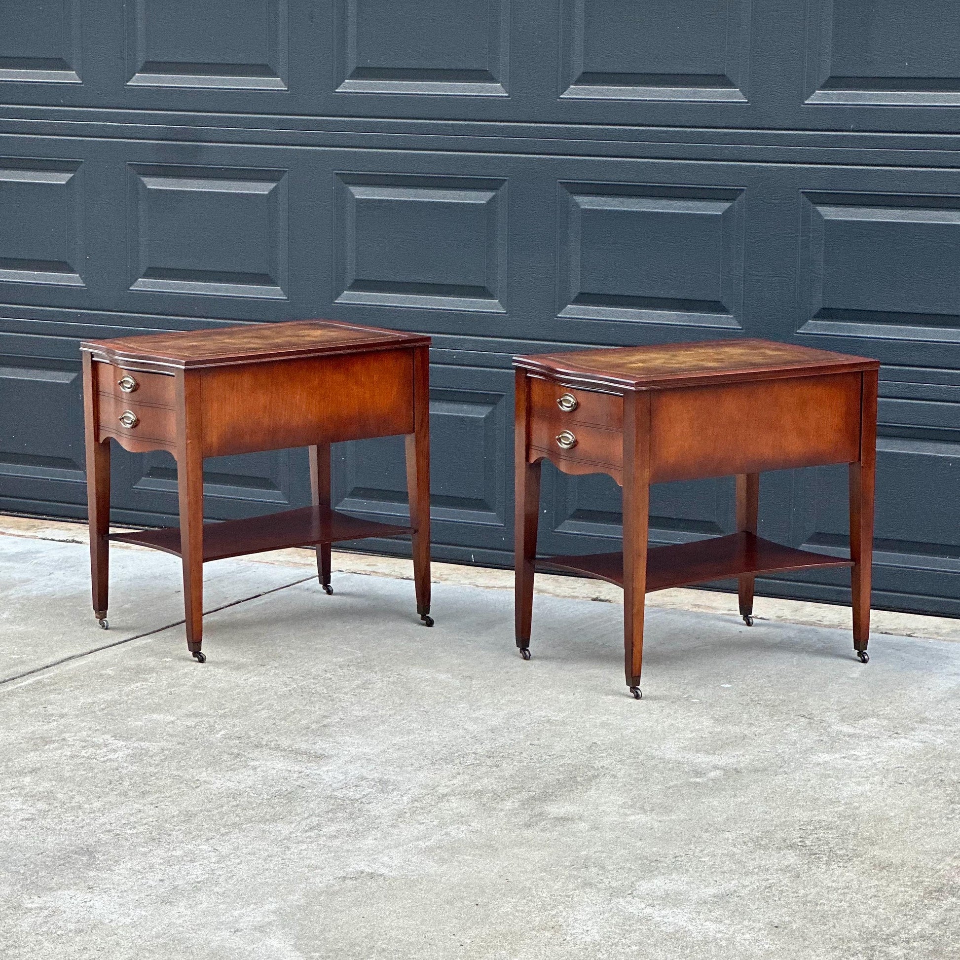 Vintage Mid 1900s Solid Mahogany Wood & Leather Traditional End Tables on Casters 17.75" Wide - a Pair