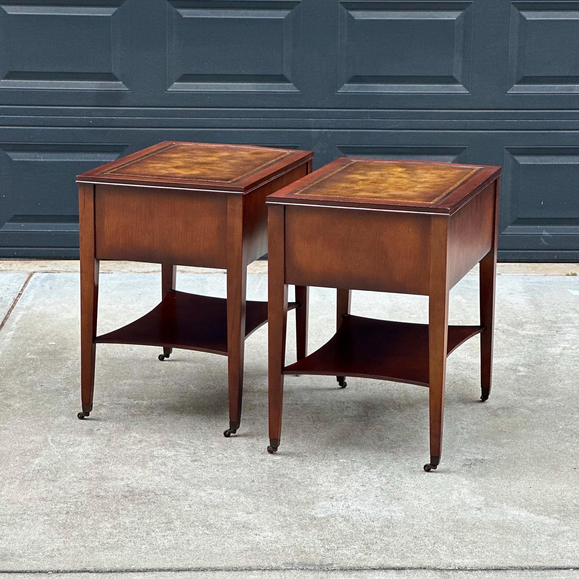 Vintage Mid 1900s Solid Mahogany Wood & Leather Traditional End Tables on Casters 17.75" Wide - a Pair