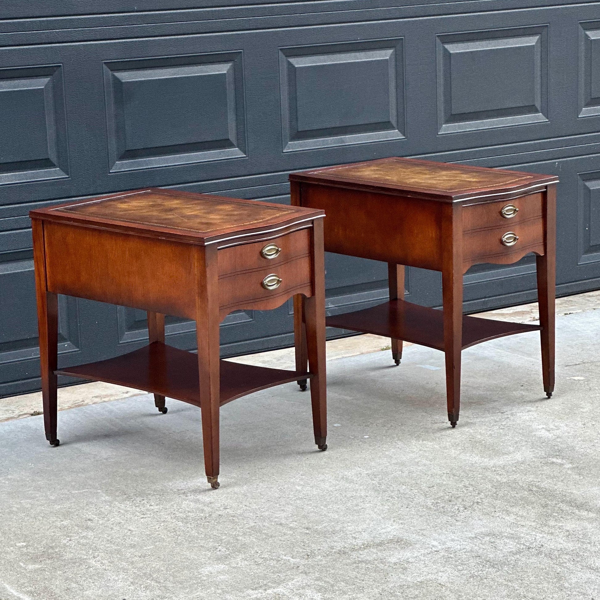 Vintage Mid 1900s Solid Mahogany Wood & Leather Traditional End Tables on Casters 17.75" Wide - a Pair