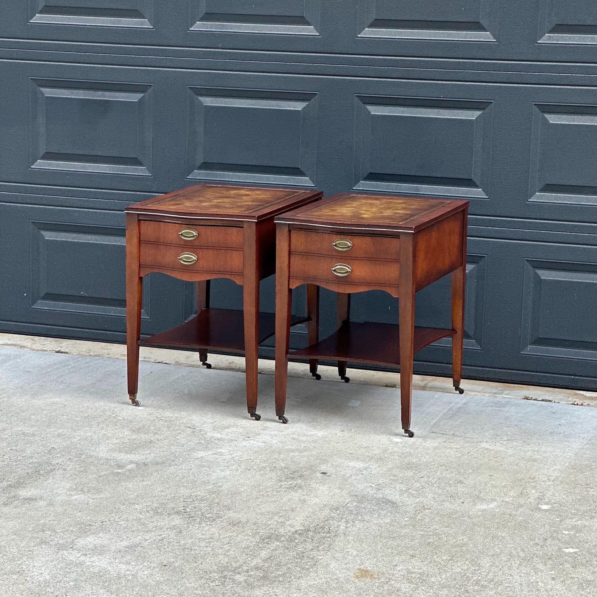 Vintage Mid 1900s Solid Mahogany Wood & Leather Traditional End Tables on Casters 17.75" Wide - a Pair