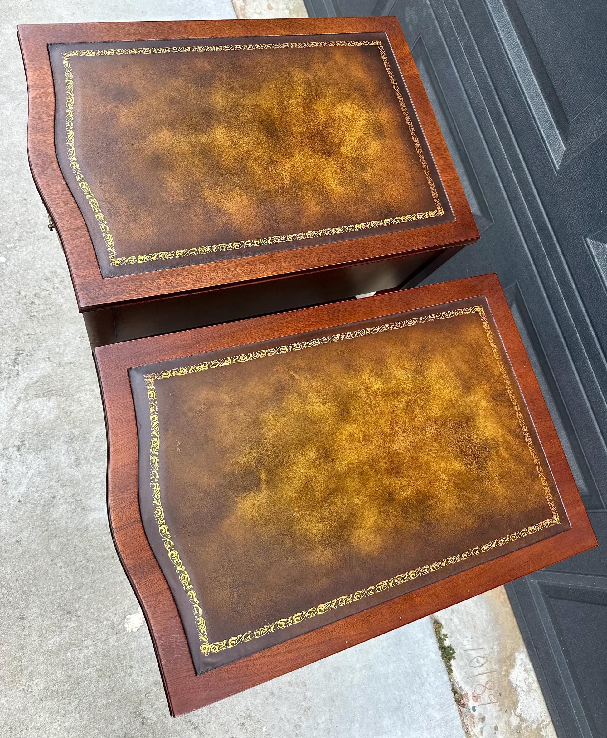 Vintage Mid 1900s Solid Mahogany Wood & Leather Traditional End Tables on Casters 17.75" Wide - a Pair