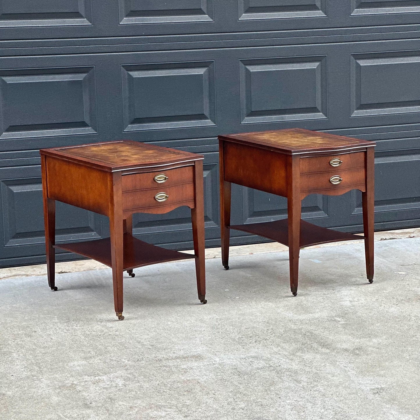 Vintage Mid 1900s Solid Mahogany Wood & Leather Traditional End Tables on Casters 17.75" Wide - a Pair