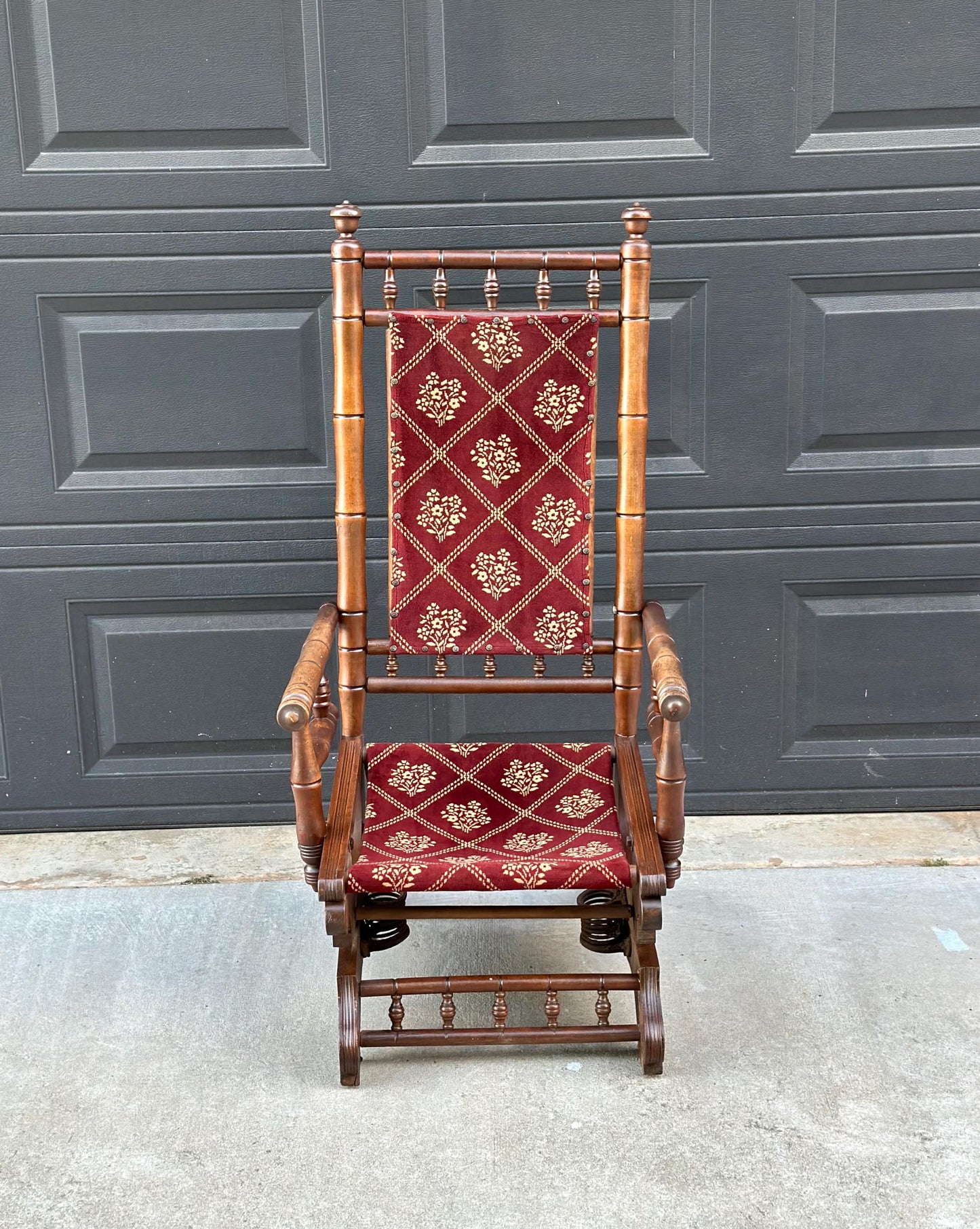 Antique Late 19th C. Eastlake Carved Walnut Wood Upholstered Rustic Rocking Accent Chair