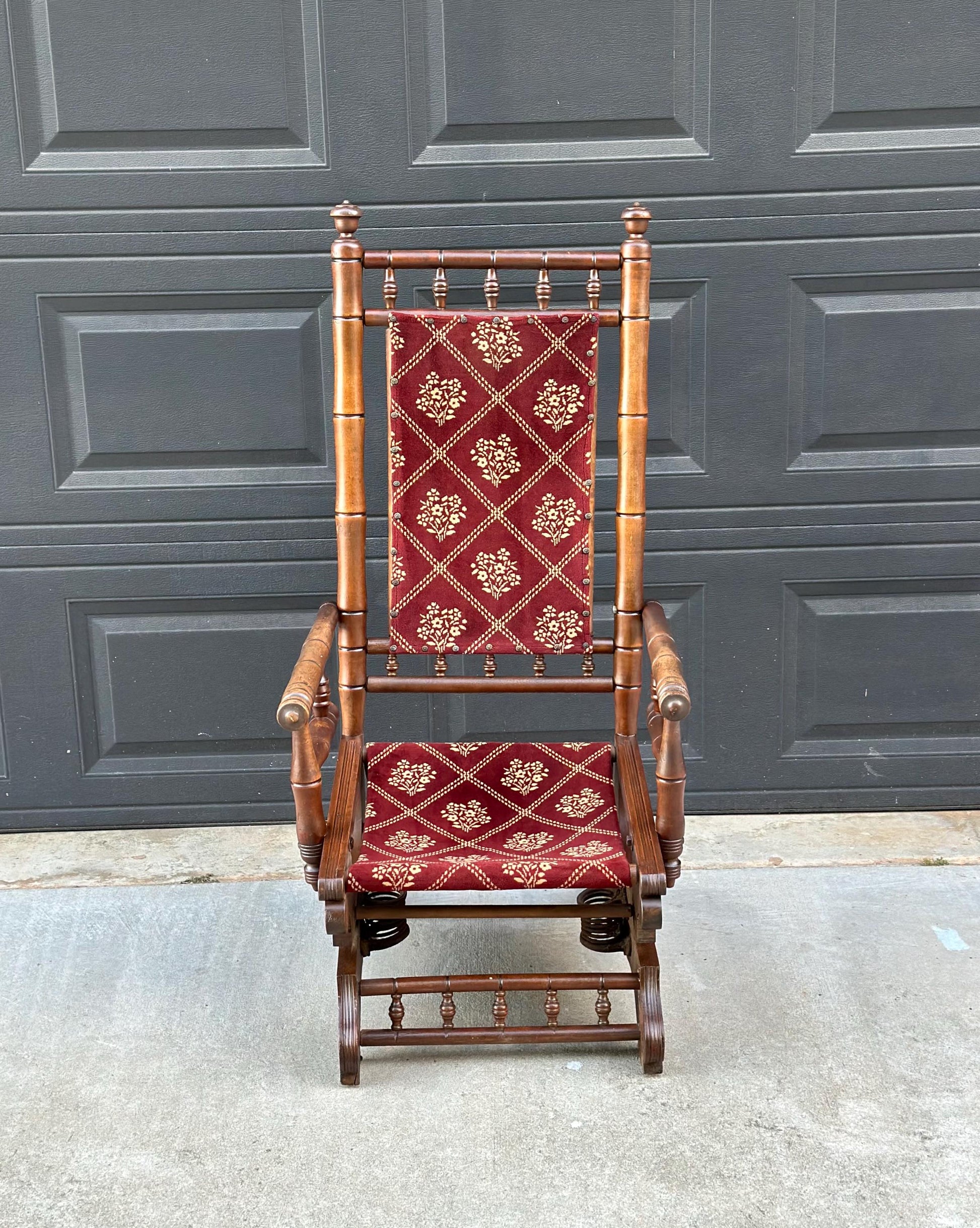 Antique Late 19th C. Eastlake Carved Walnut Wood Upholstered Rustic Rocking Accent Chair
