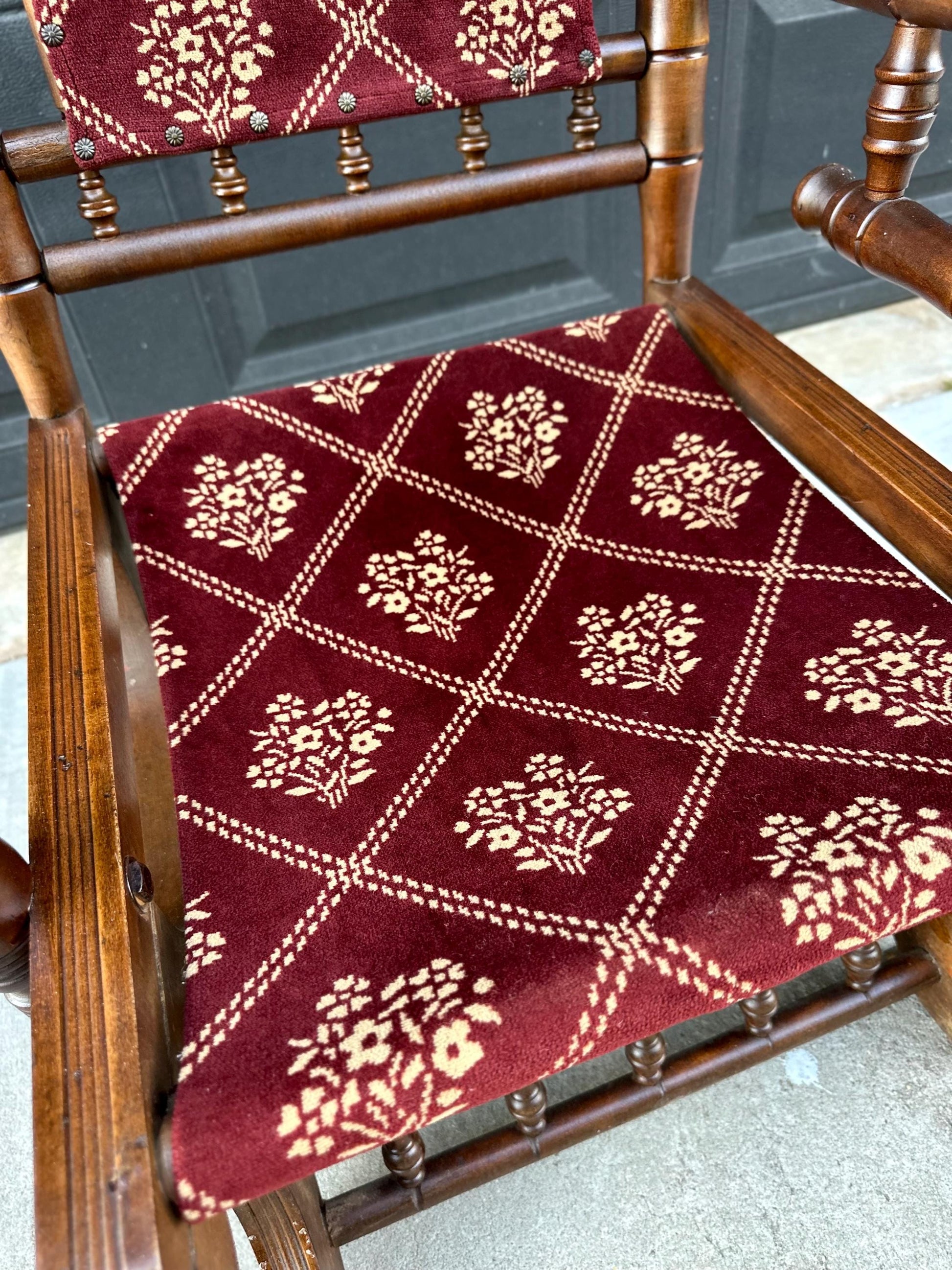 Antique Late 19th C. Eastlake Carved Walnut Wood Upholstered Rustic Rocking Accent Chair