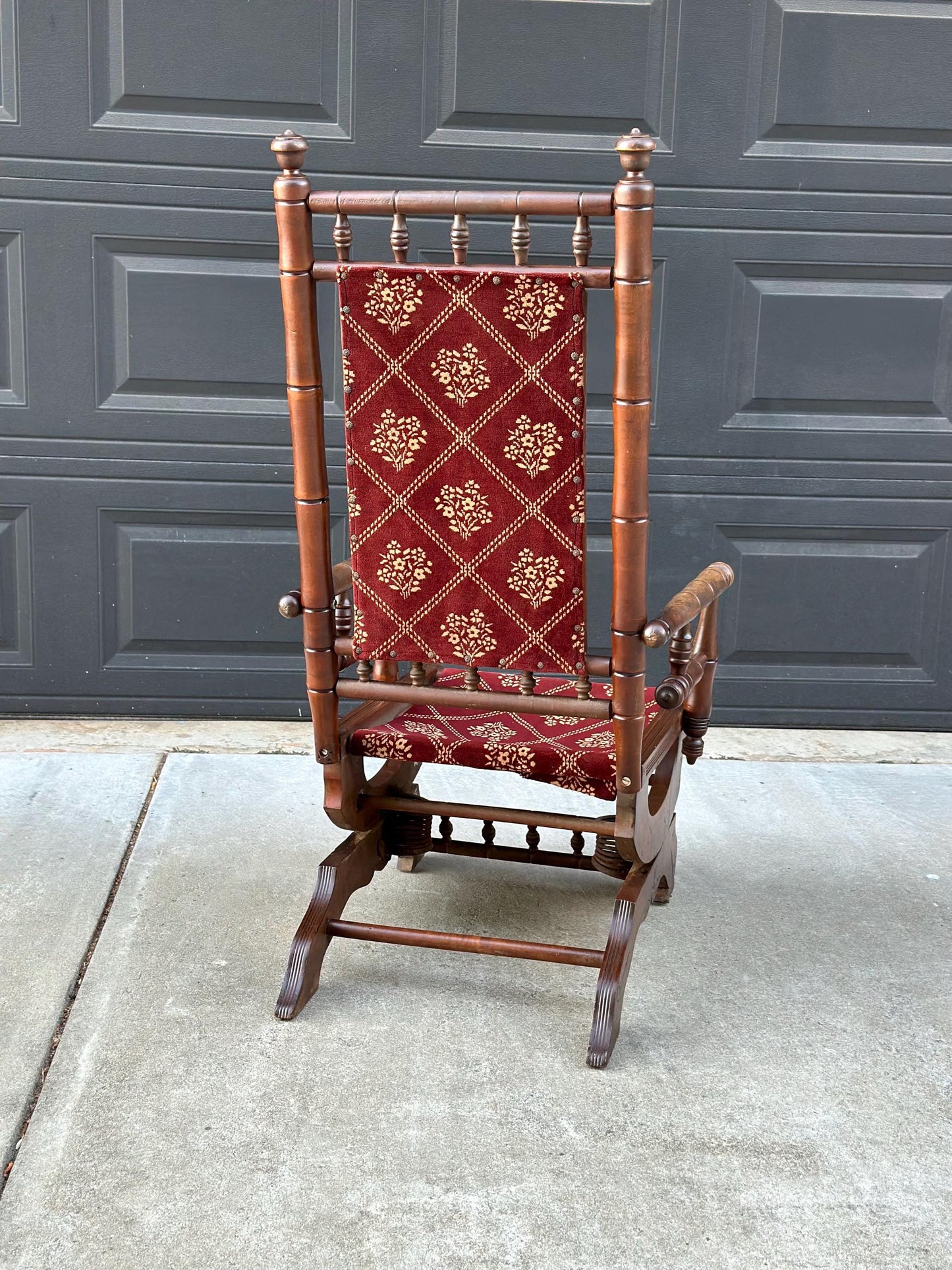 Antique Late 19th C. Eastlake Carved Walnut Wood Upholstered Rustic Rocking Accent Chair