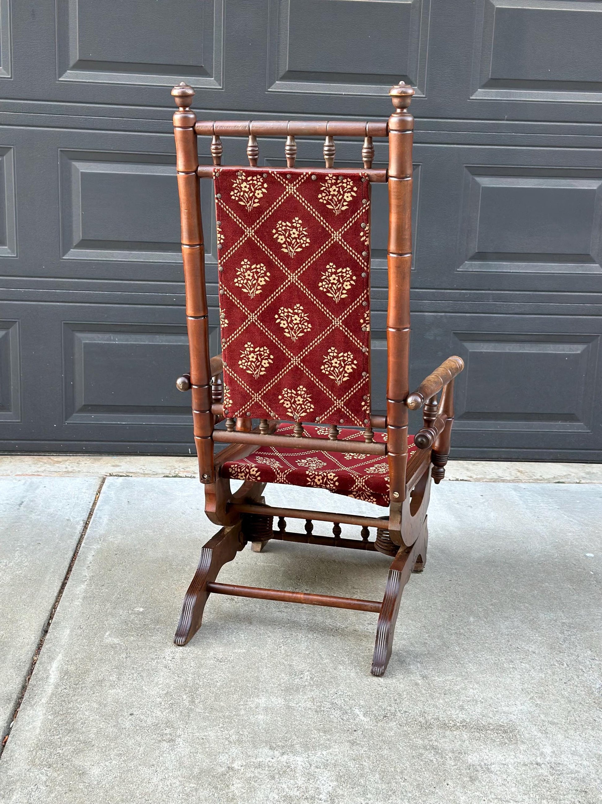 Antique Late 19th C. Eastlake Carved Walnut Wood Upholstered Rustic Rocking Accent Chair